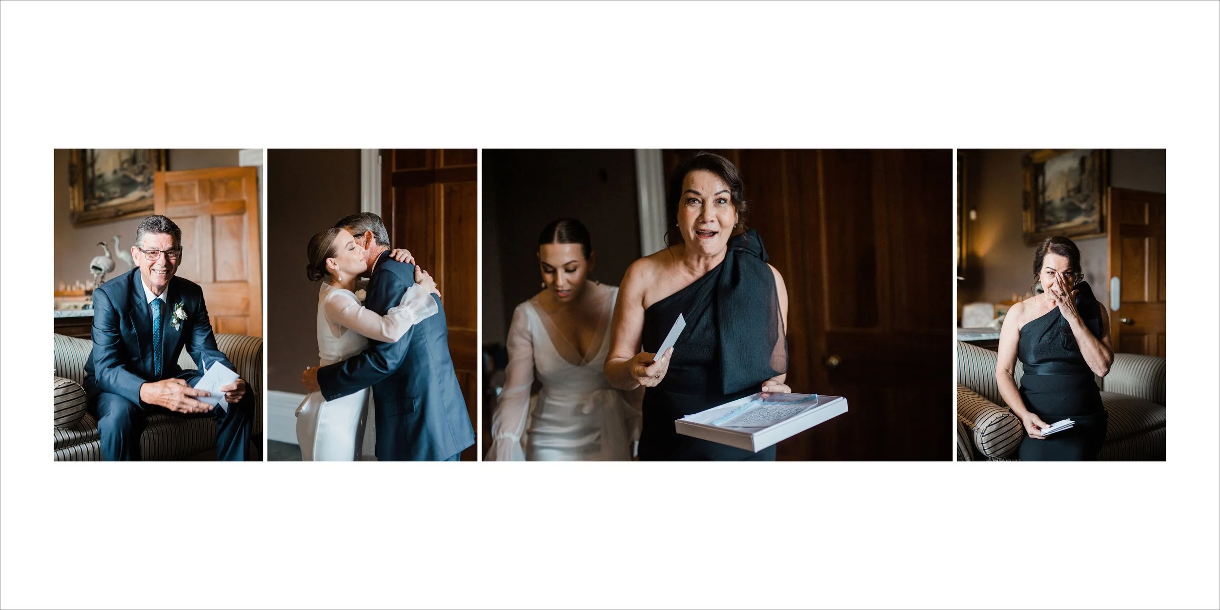 Series of photos from a wedding day. The first shows a happy man in a suit holding an envelope. The second shows a couple, the woman in a white dress and the man in a suit, sharing a hug. The third shows a woman in a white dress and a woman in a blac