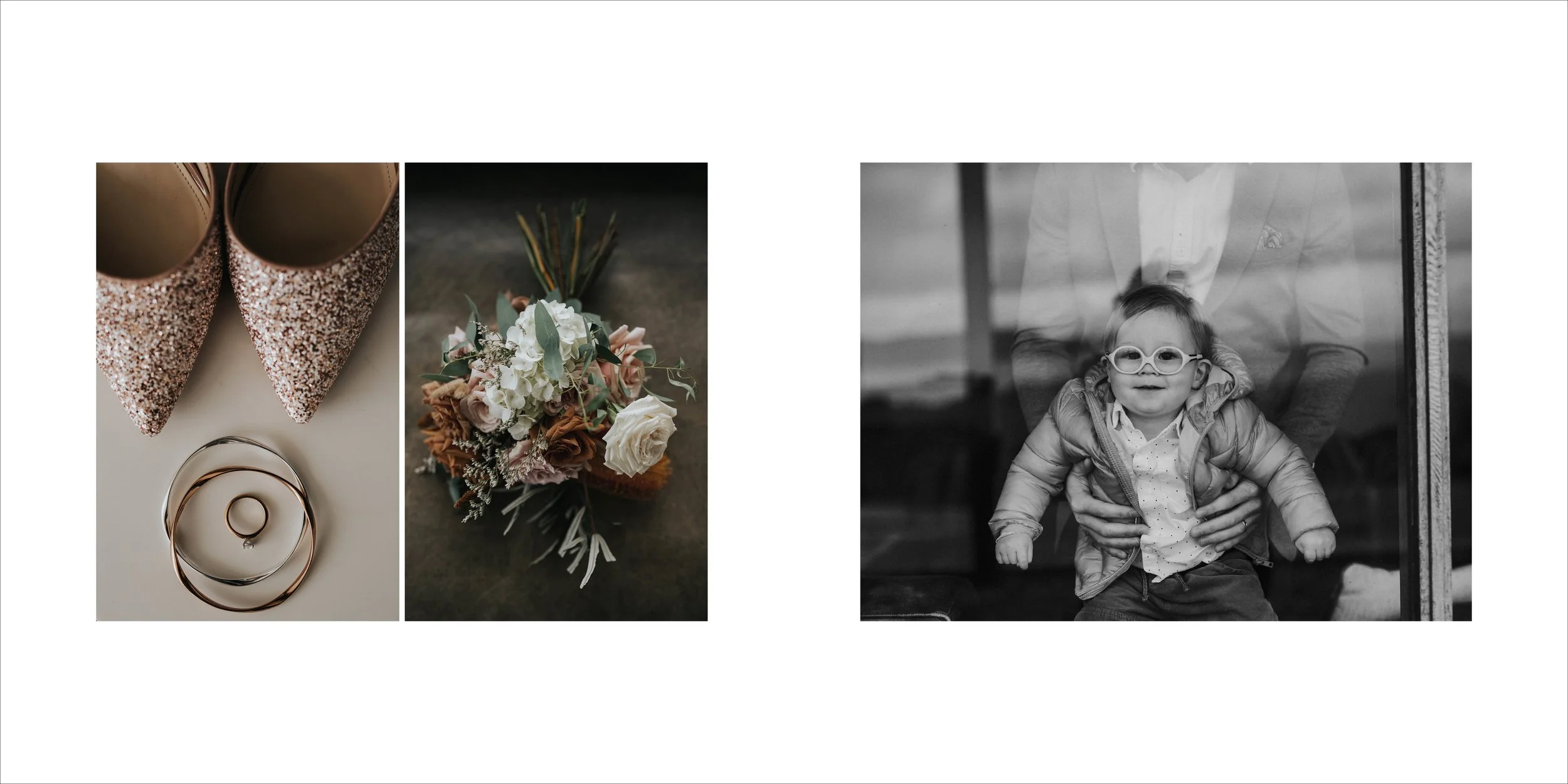 A collage of three photos: on the left, glittery pink high heels and wedding rings; in the middle, a bouquet of flowers with roses and greenery; on the right, a smiling child with glasses looking through a glass window, with an adult's hands holding 