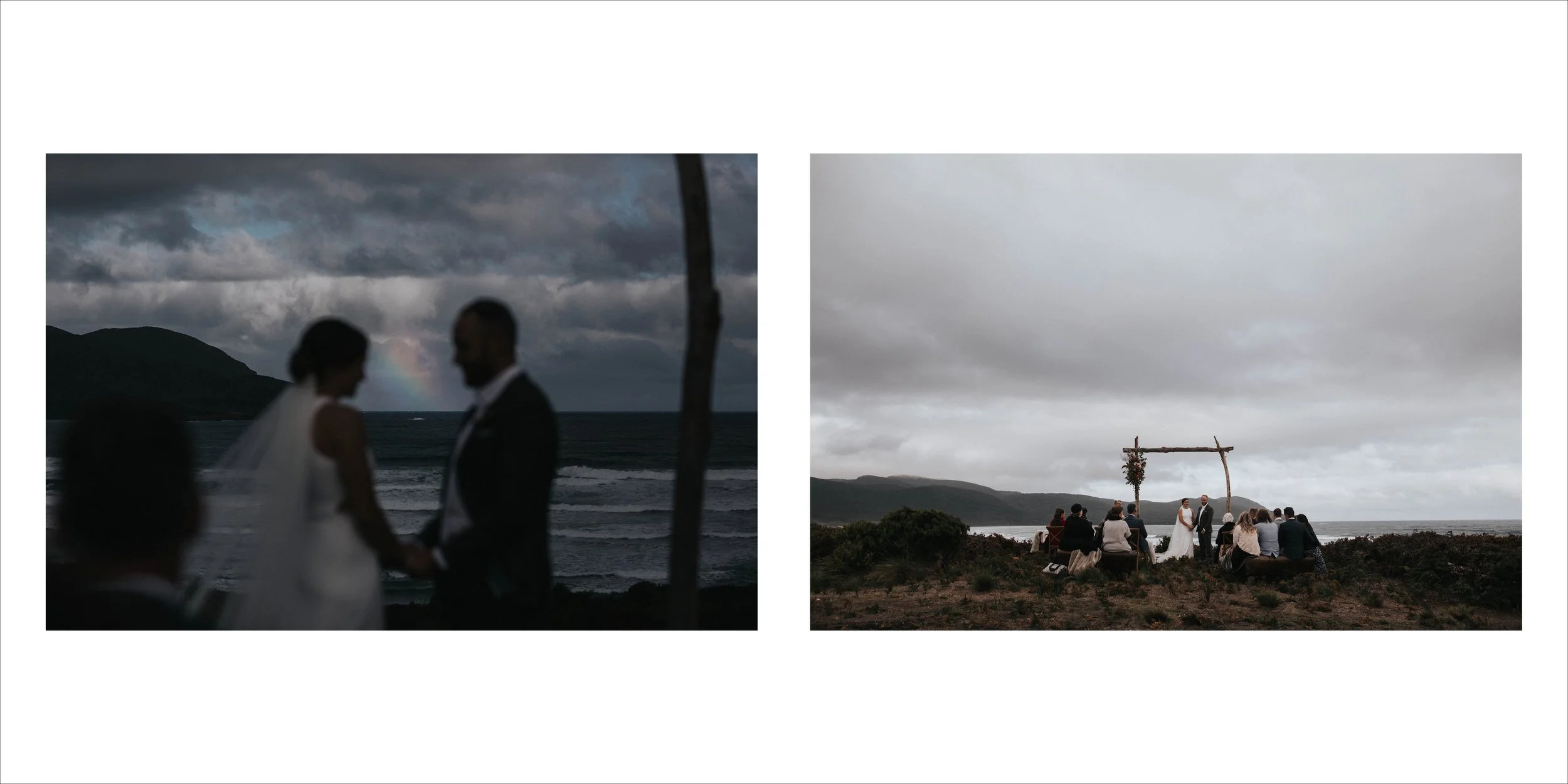 Two images of a beach wedding. The left image shows a blurry couple holding hands with an officiant, against a cloudy sky and ocean background. The right image depicts a clear view of a wedding ceremony with an arch and seated guests on the beach.