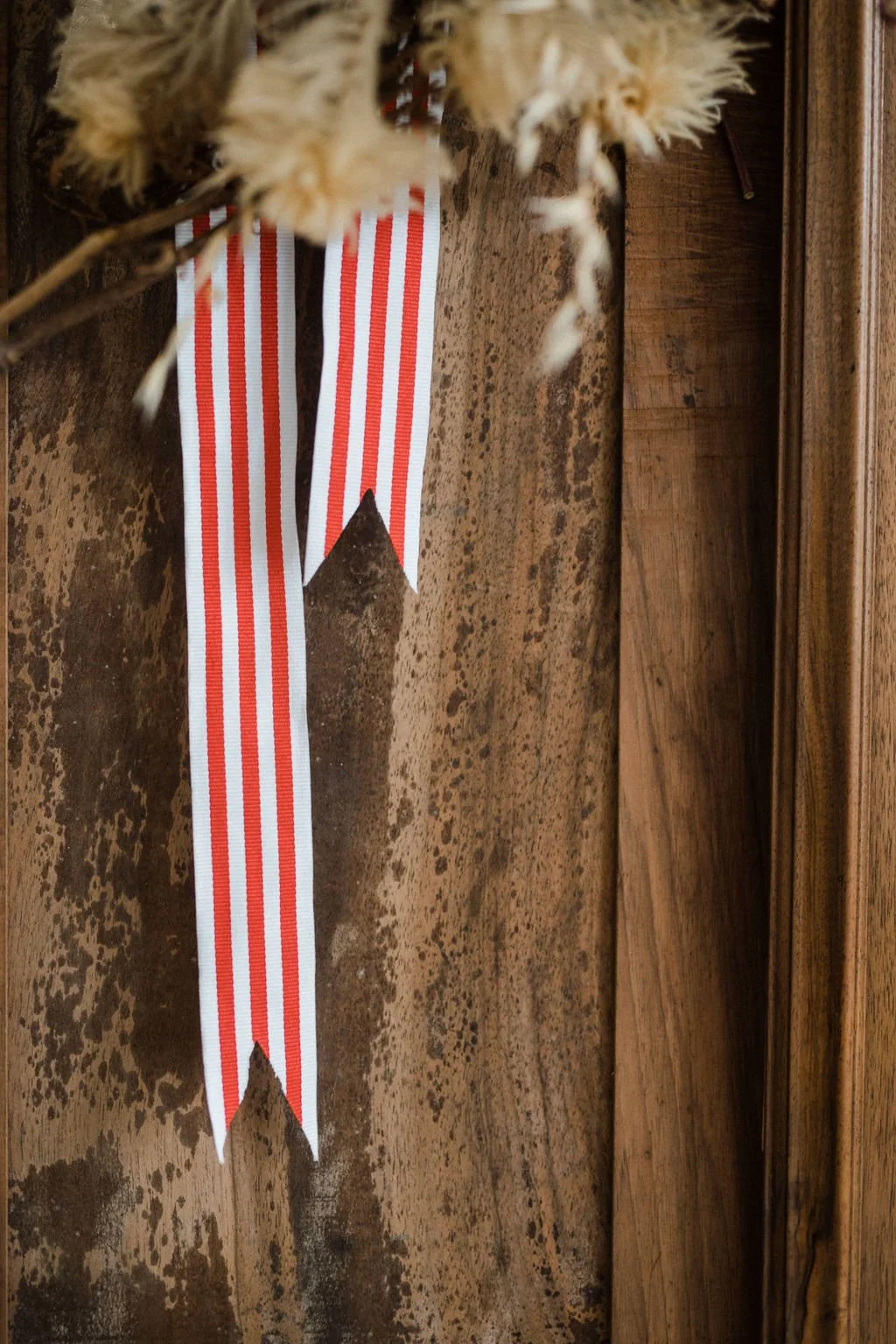 Red and white striped ribbon with unevenly torn ends, placed on a wooden surface next to dried fluffy plants.