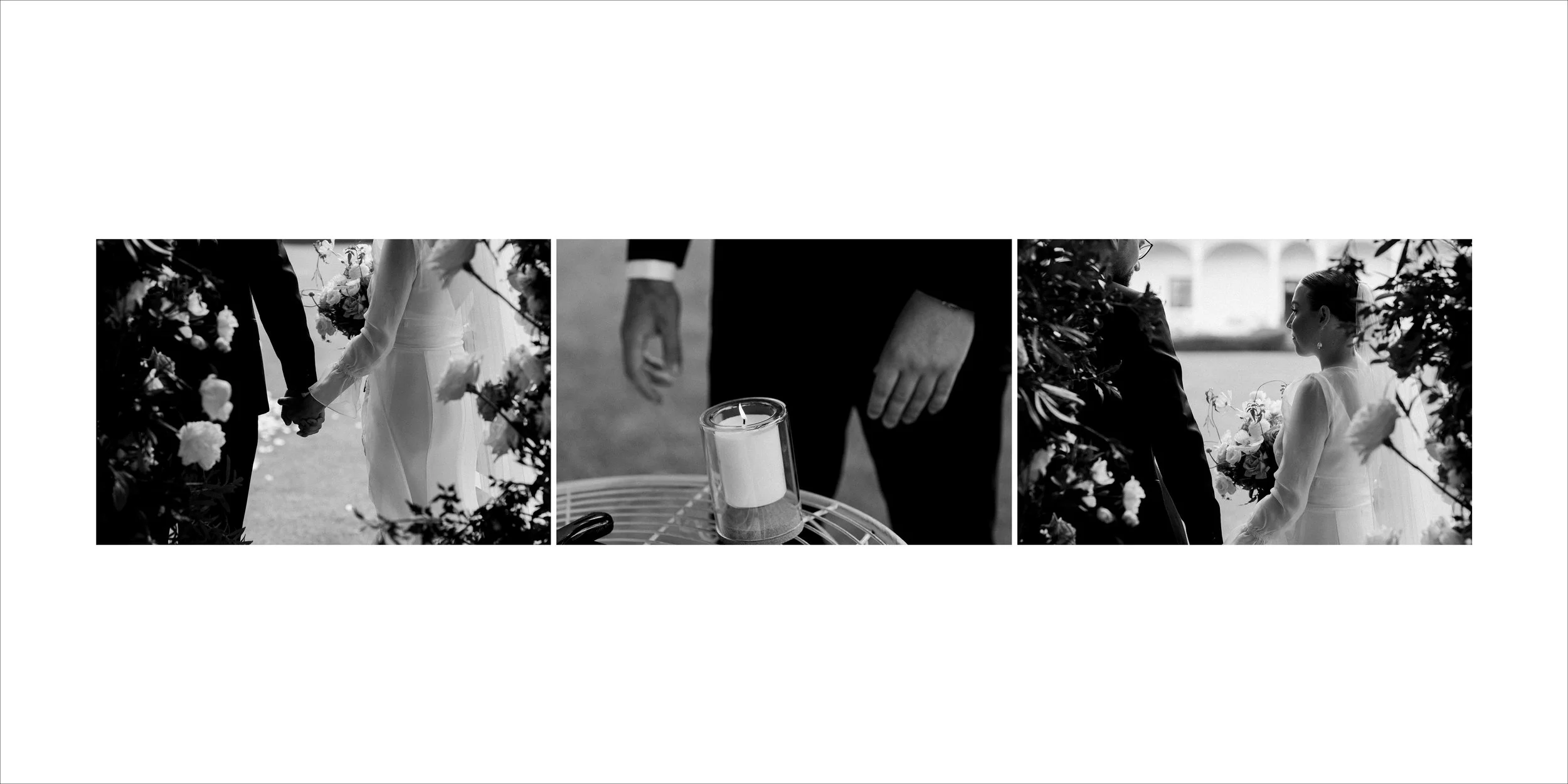 Black and white wedding photo series: first image shows a bride and groom holding hands, surrounded by floral archway; middle image depicts a person's hand, possibly an officiant's, near a candle on a table; third image features a bride and groom fac