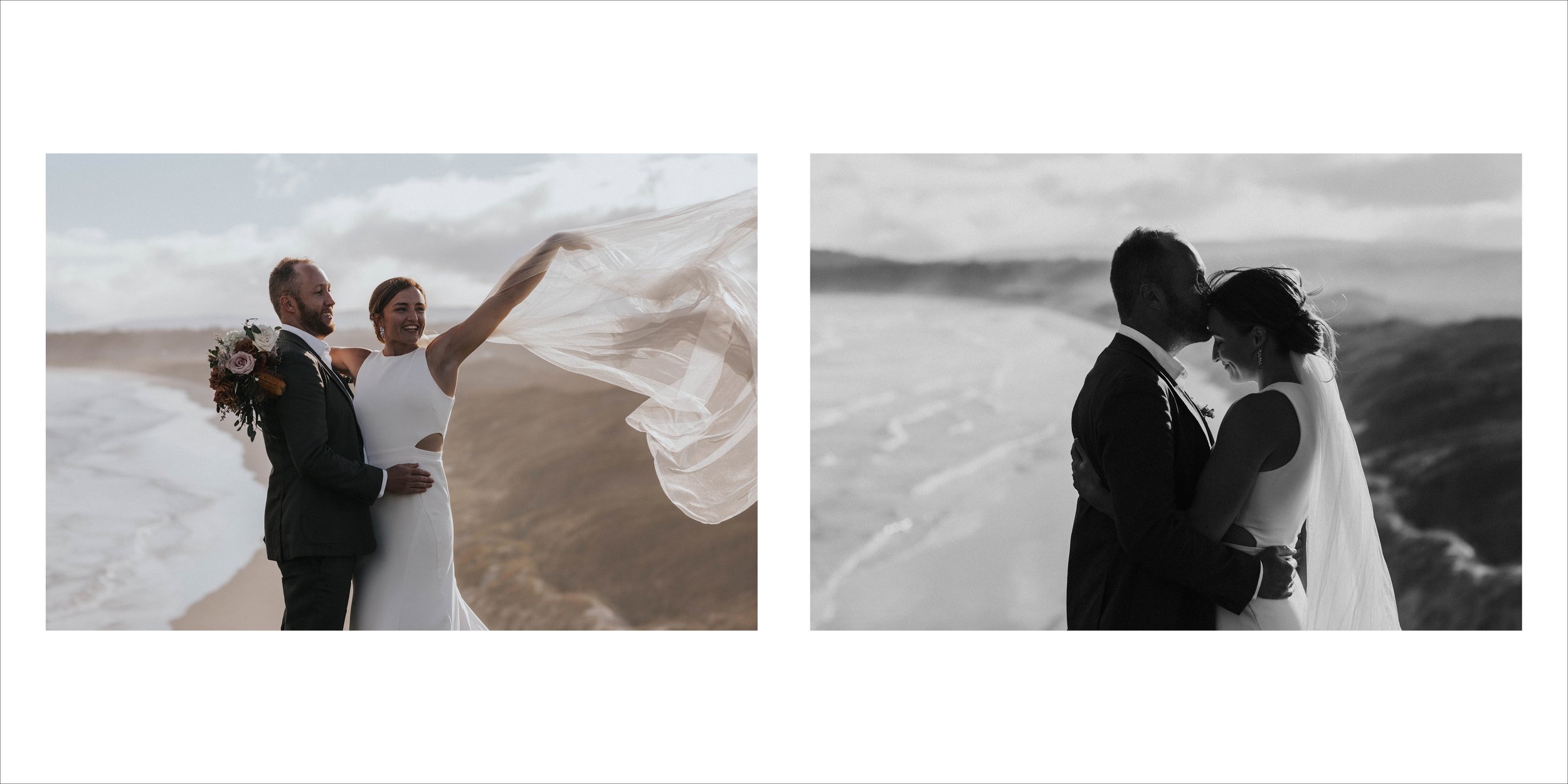 Wedding couple on the beach, with one image in color showing the bride holding a bouquet and a veil flowing in the wind while the groom stands beside her, and the other in black and white showing their close embrace and forehead touch.
