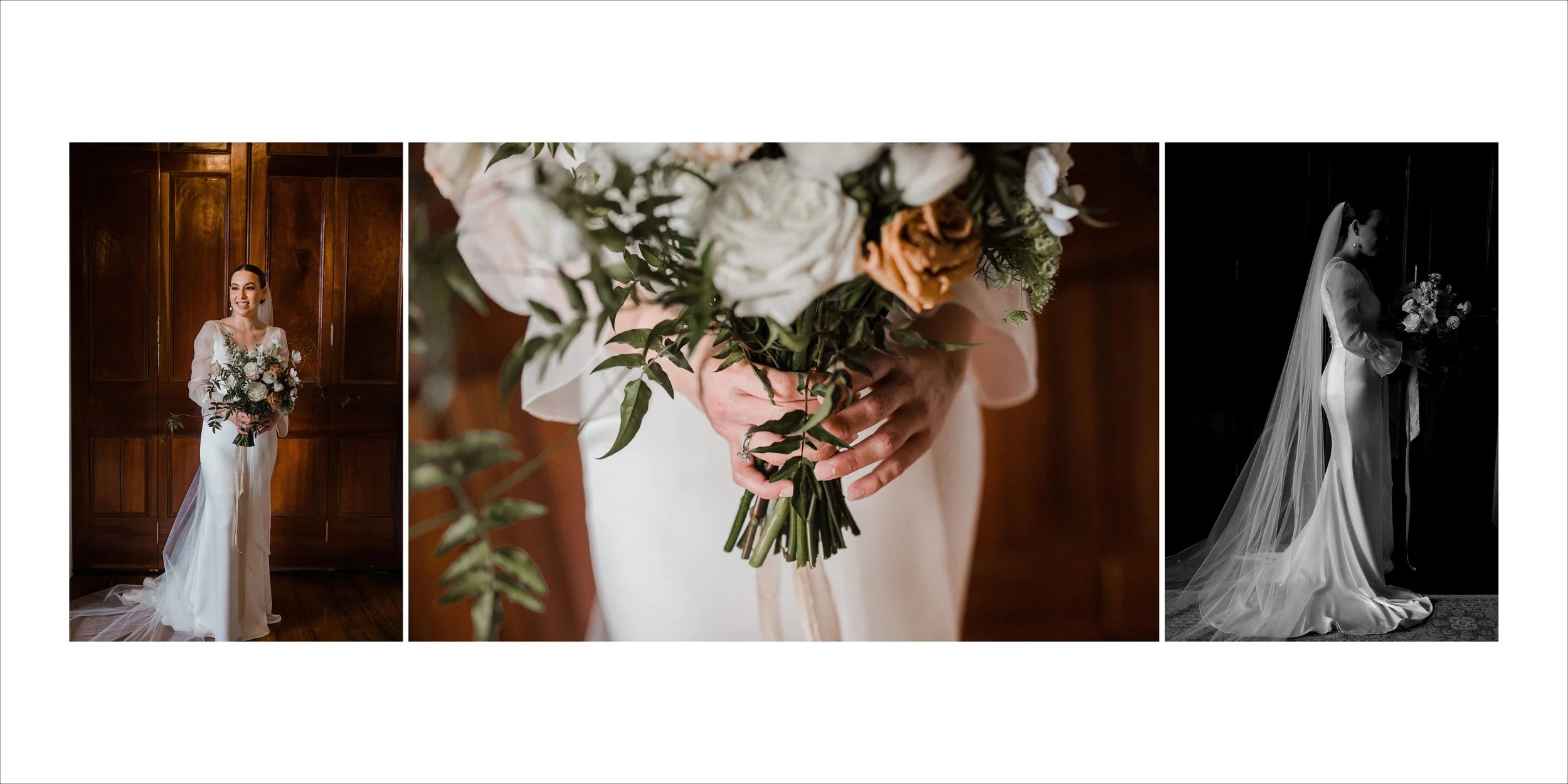 Three photos of a bride on her wedding day. The first shows her standing, smiling, in a white wedding dress holding a bouquet of flowers against a wooden wall. The second is a close-up of her hands holding the bouquet. The third is a silhouette of he