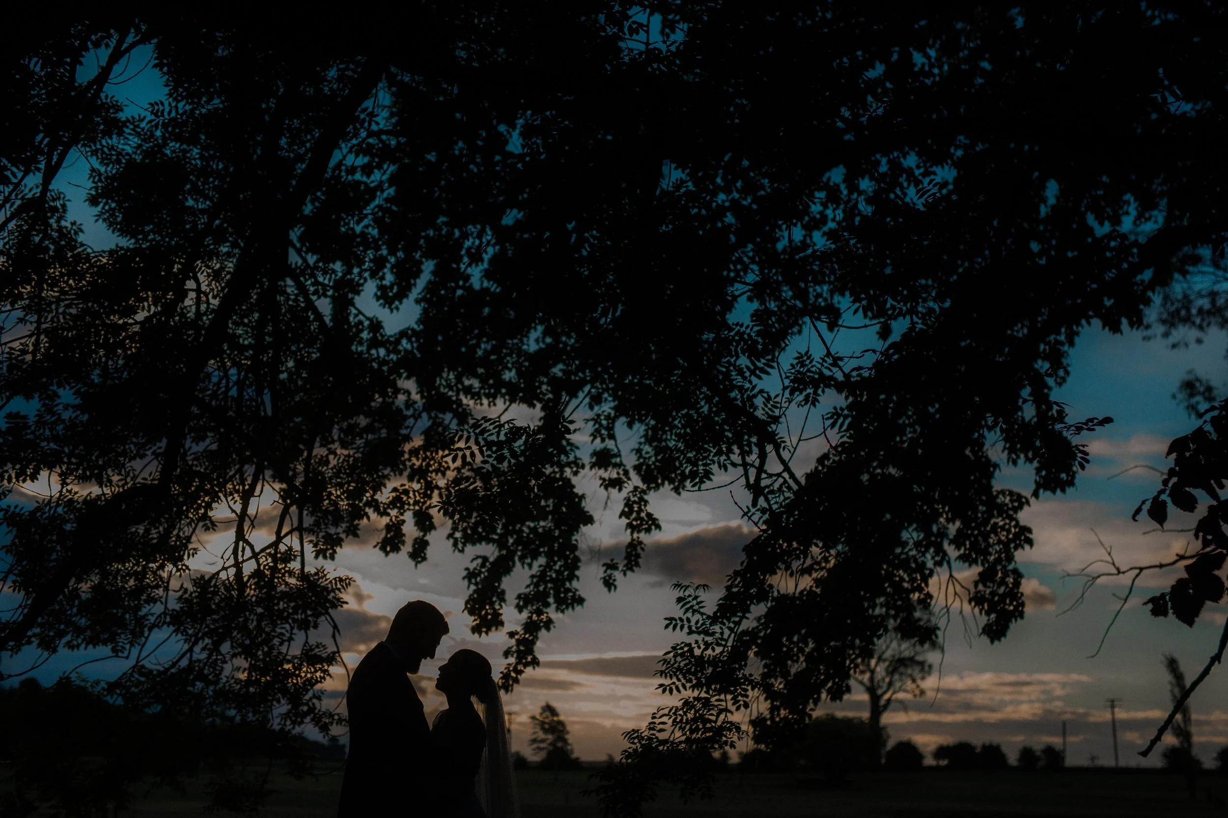 Silhouetted couple standing under a large tree at sunset, with clouds and a partly clear sky in the background.