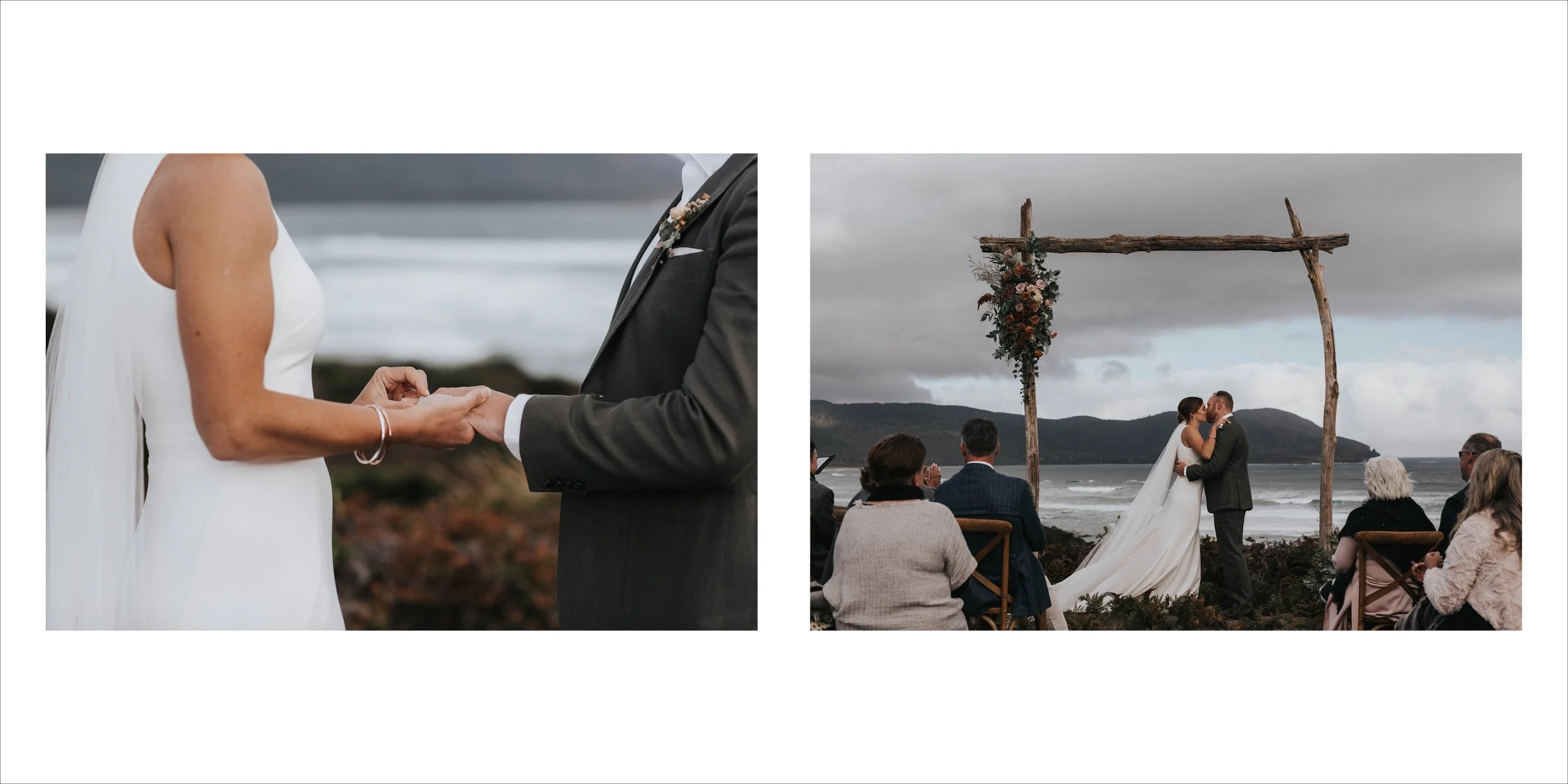 A wedding ceremony on a beach, with a couple exchanging rings, and the bride and groom kissing under a rustic wooden arch decorated with flowers, while guests watch.