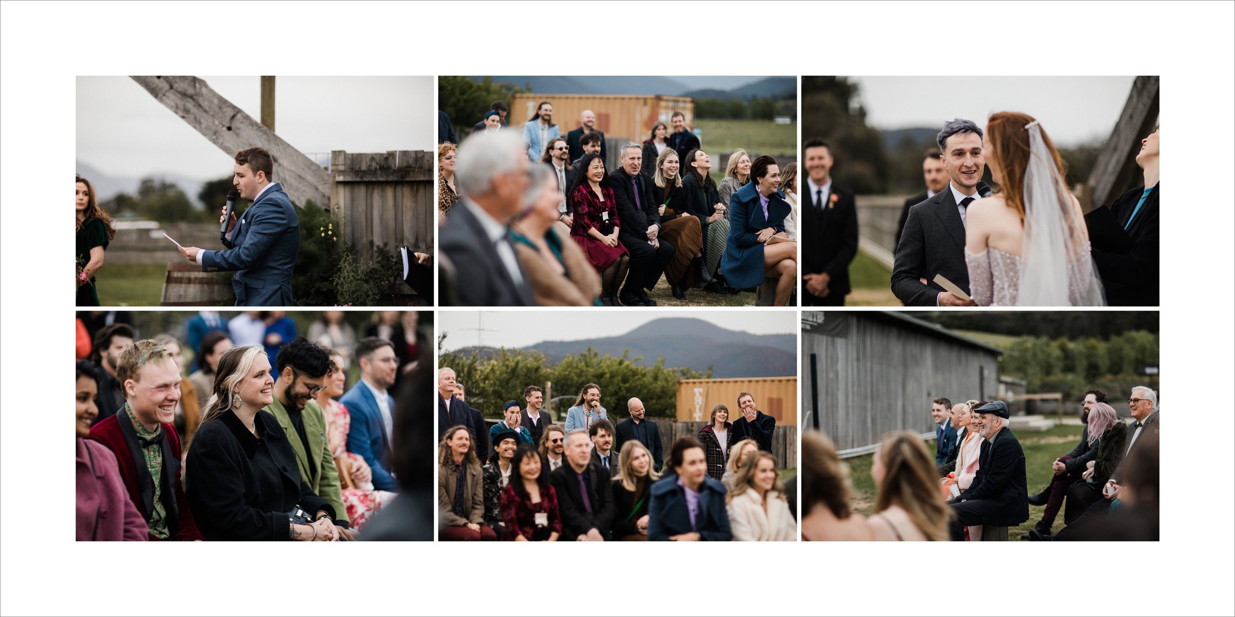 A collage of six photos from a wedding ceremony outdoors, showing the officiant reading, guests seated and smiling, the couple exchanging vows, and the audience reacting happily.
