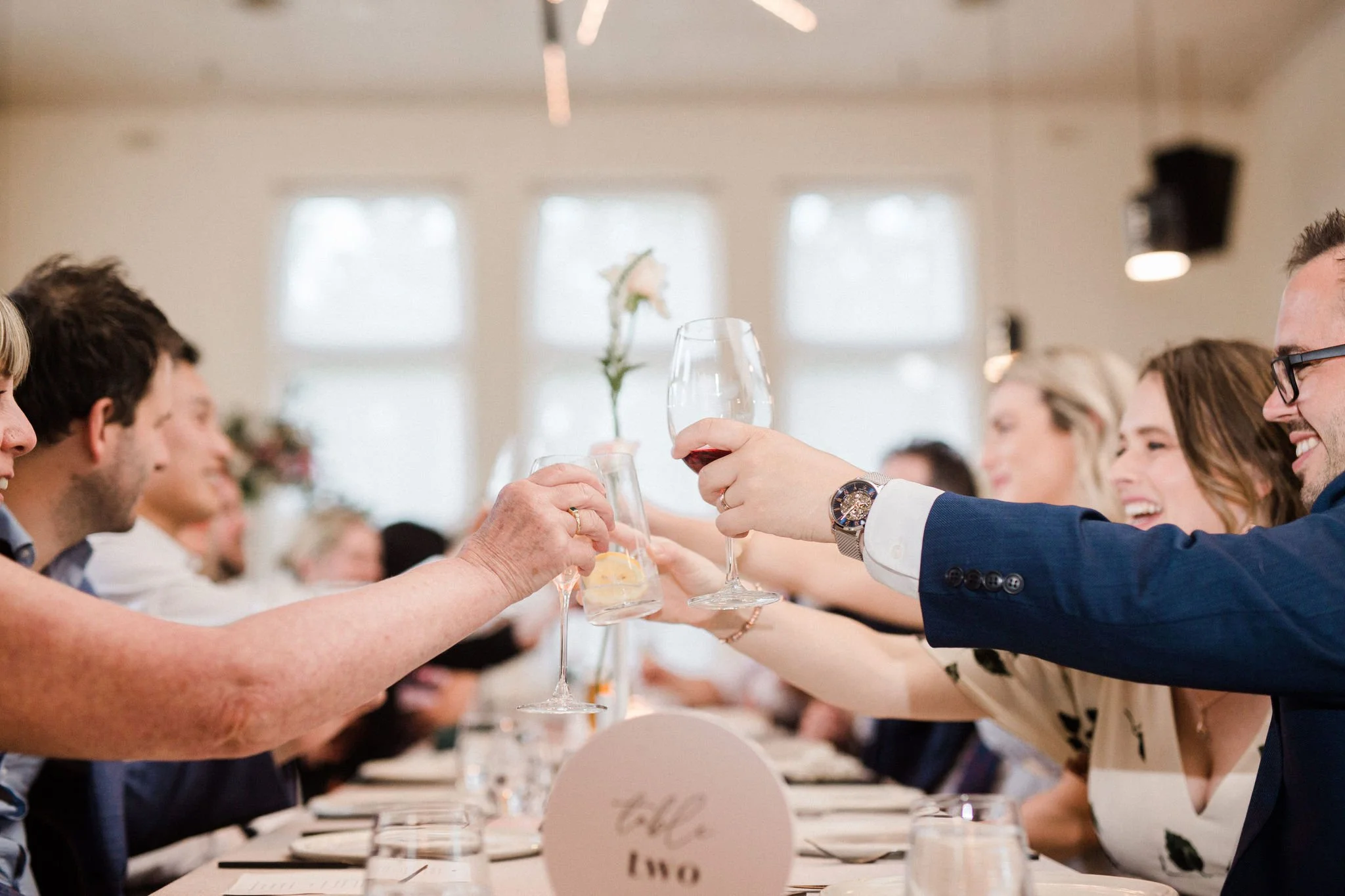 People at a banquet table raising glasses for a toast, smiling and enjoying a celebration in a well-lit room with large windows.