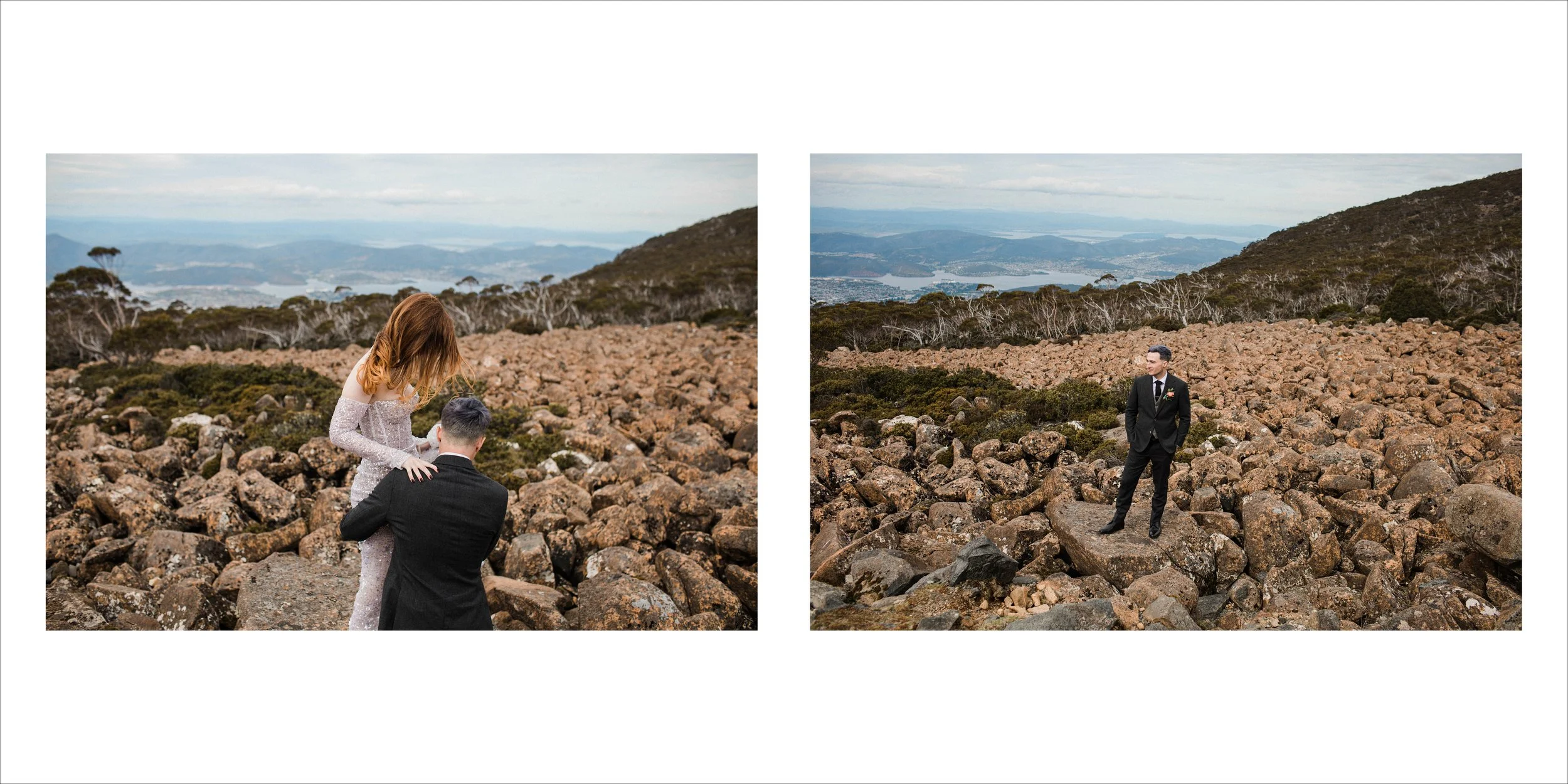 Two photos of a couple on rocky terrain in a mountainous area. In the left photo, a woman in a light-colored dress is kneeling and placing a ring on the finger of a man in a dark suit, who is sitting with his back to the camera. In the right photo, t