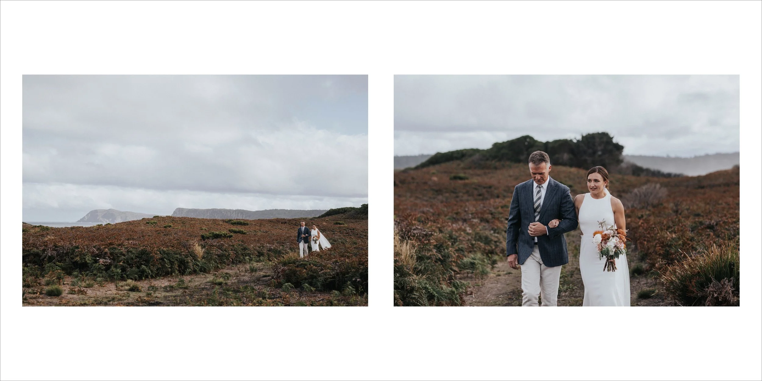 A bride and groom walking through a rugged, hilly landscape with Heather plants, with gray clouds overhead.