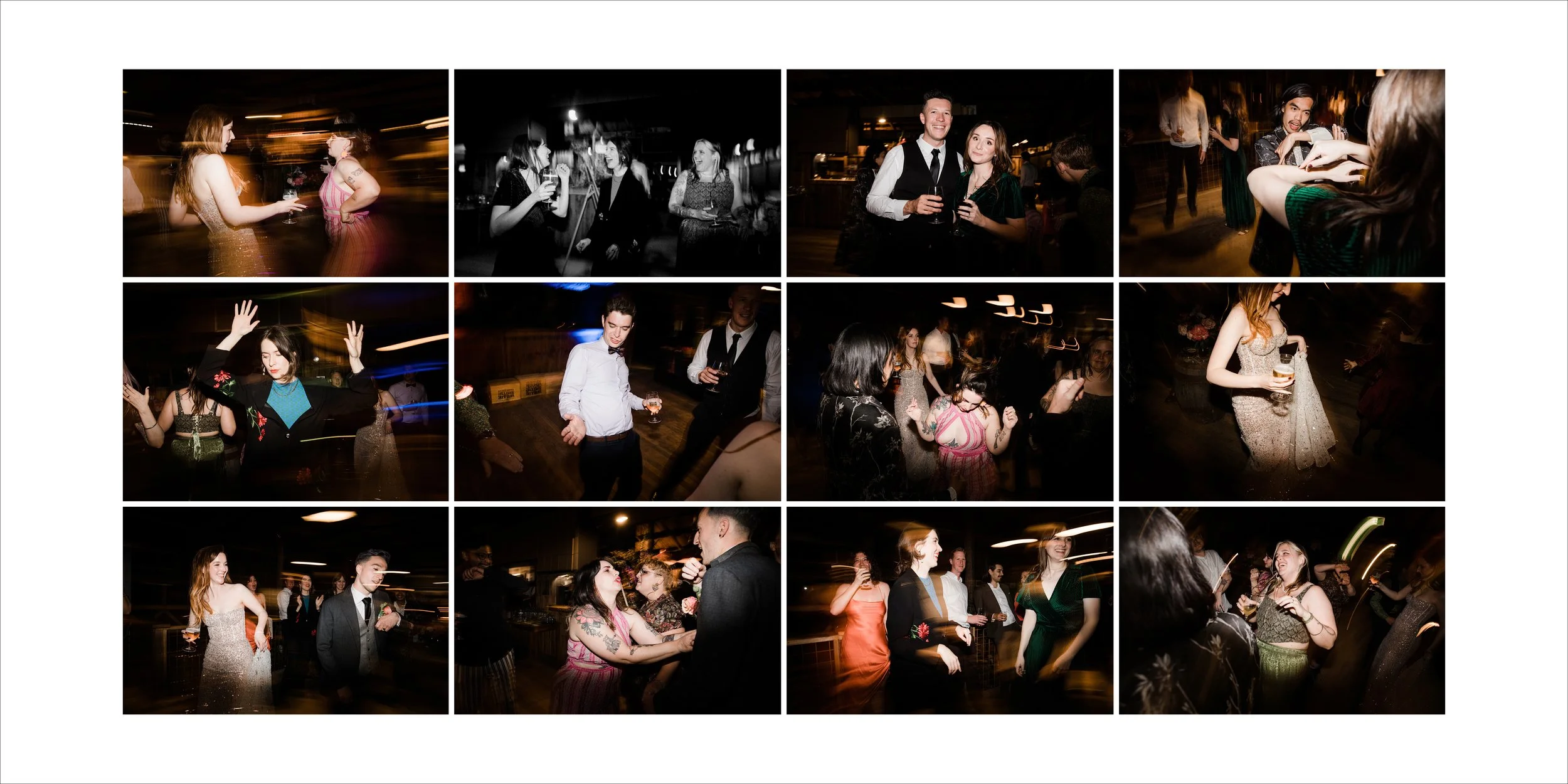 Collage of people dancing, socializing, and enjoying drinks at a lively party or celebration in a dimly lit venue.