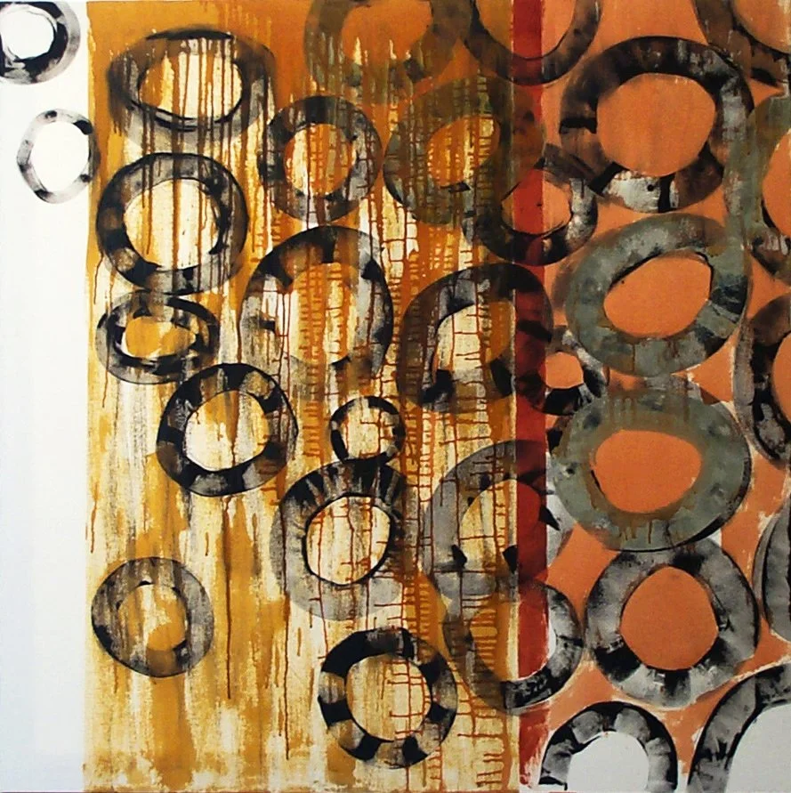 Caroline Christie-Coxon. Circles 1. Mixed Media on canvas. 130x130cm. 2003.jpg