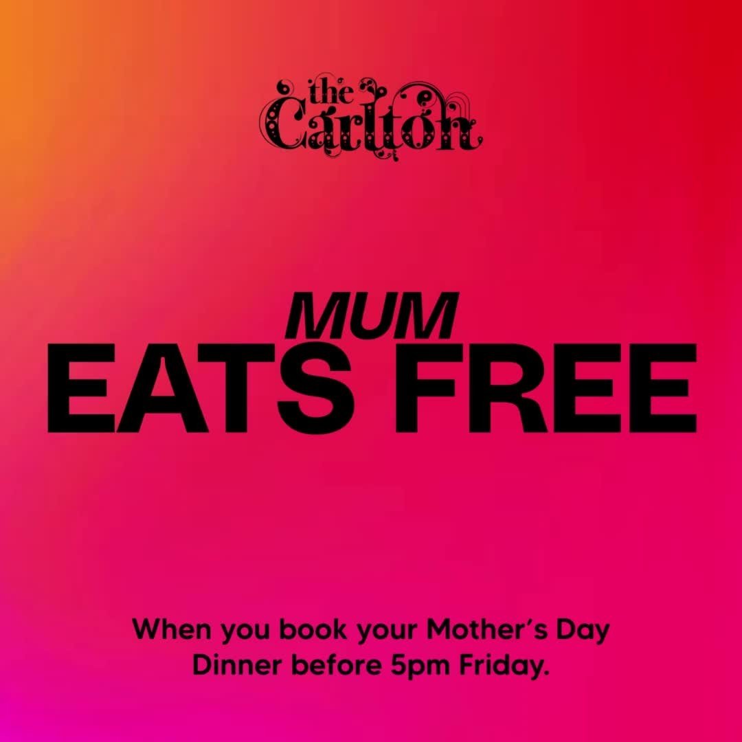 MUM EATS FREE this Mother's Day 💖⁠
⁠
All you need to do is book your table of 4+ before 5pm Friday.⁠
⁠
To reserve your table, please email book@thecarlton.com.au with your name, party size and contact number.⁠
⁠
(Promotion valid on 12/05/24, kitchen