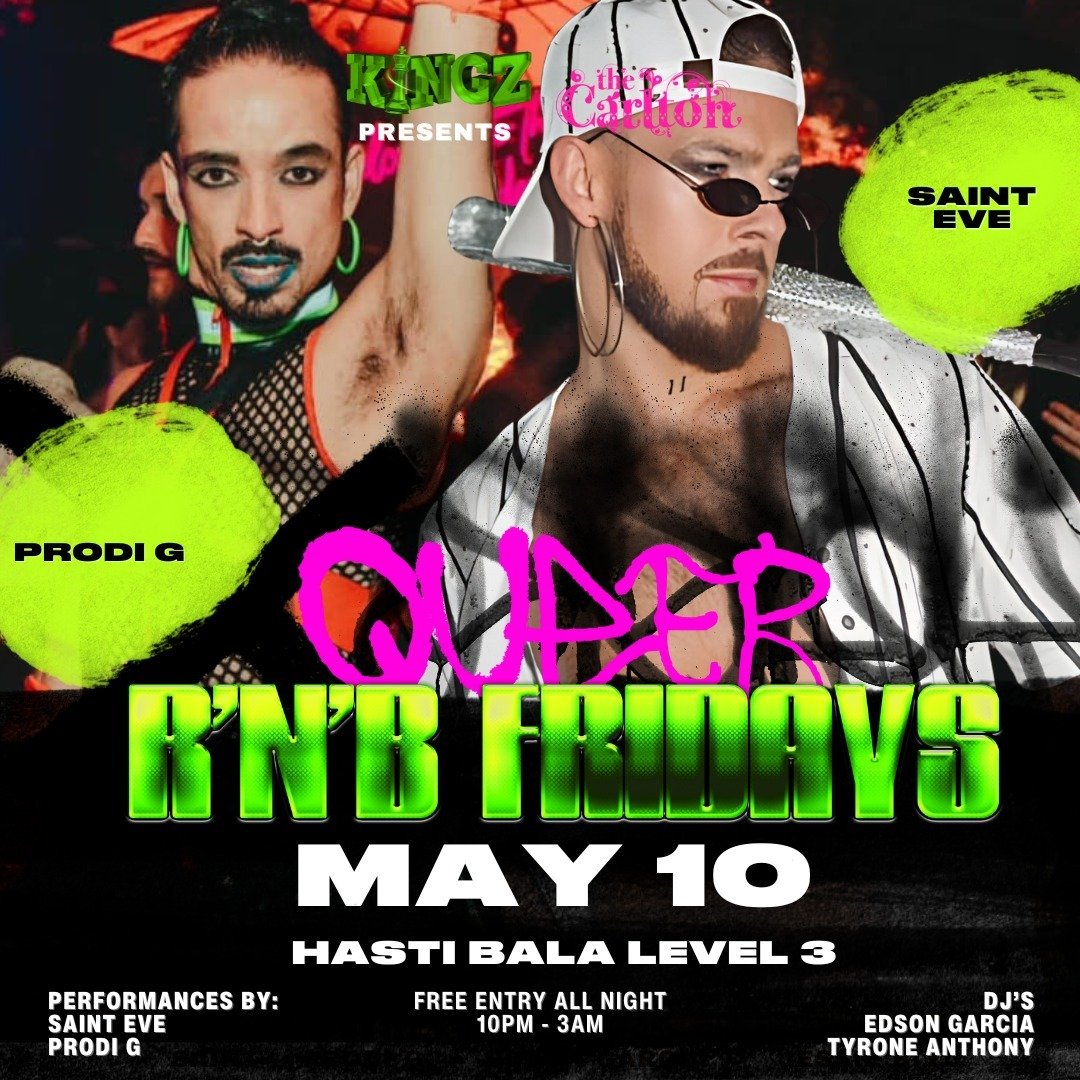 TOMORROW: ⁠Queer RnB Fridays by @kingzmelbz in Hasti Bala (level 3) 🌴🐘 🌈⁠
⁠
Epic performances by:⁠
@saint_eve92 &amp; @gerardhpigg⁠
⁠
DJs:⁠
@itsedsonbtch &amp; @iamtyroneanthony ⁠
⁠
⚡️10pm-3am. Free entry all night long ⁠
⁠
Let&rsquo;s RnB!⁠
⁠
#ca