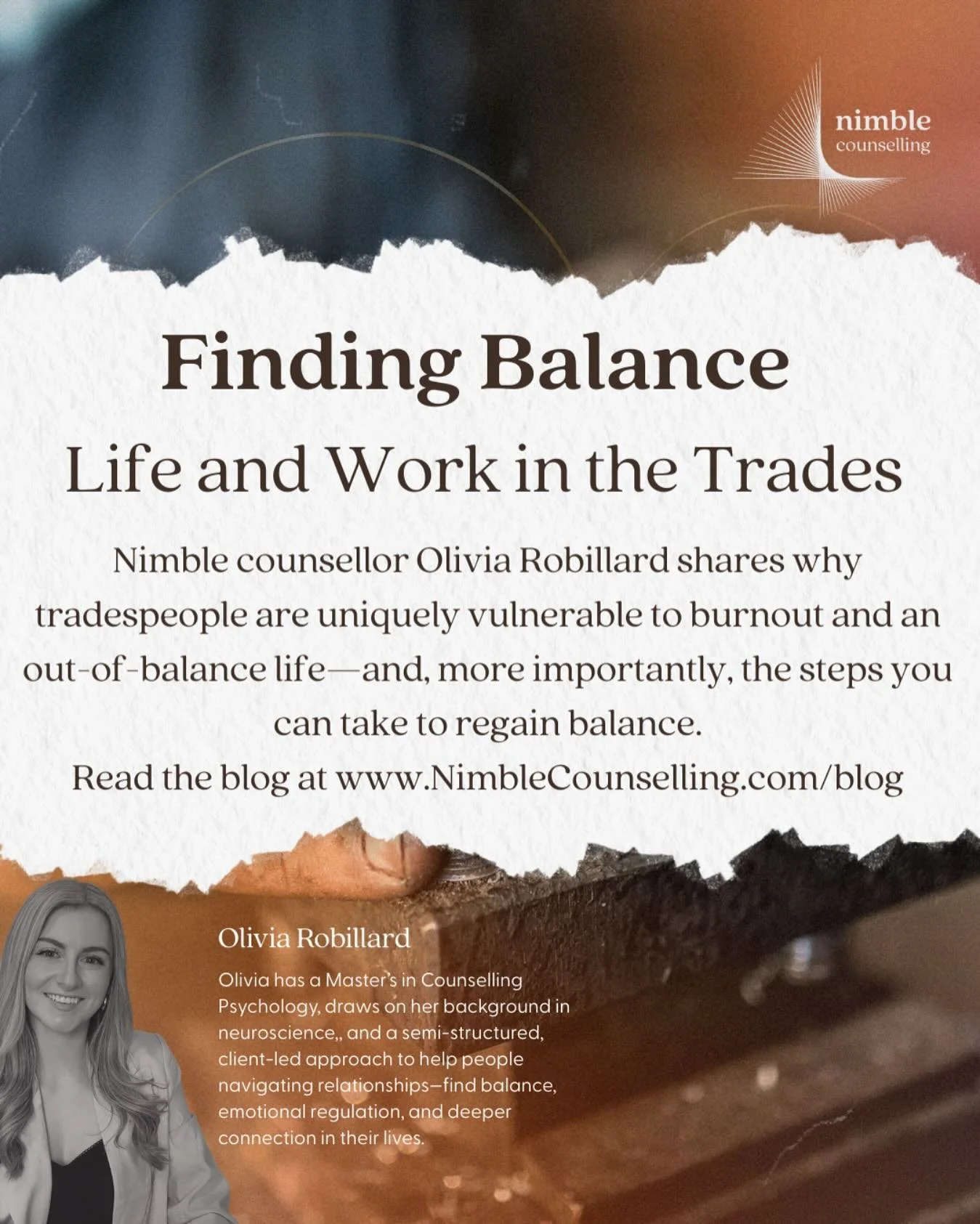 Life in the trades comes with long days, early starts, and the heavy weight of providing. The pride is real&mdash;but so is the toll it can take on your health, relationships, and sense of balance.

In our latest blog, Nimble counsellor Olivia Robill