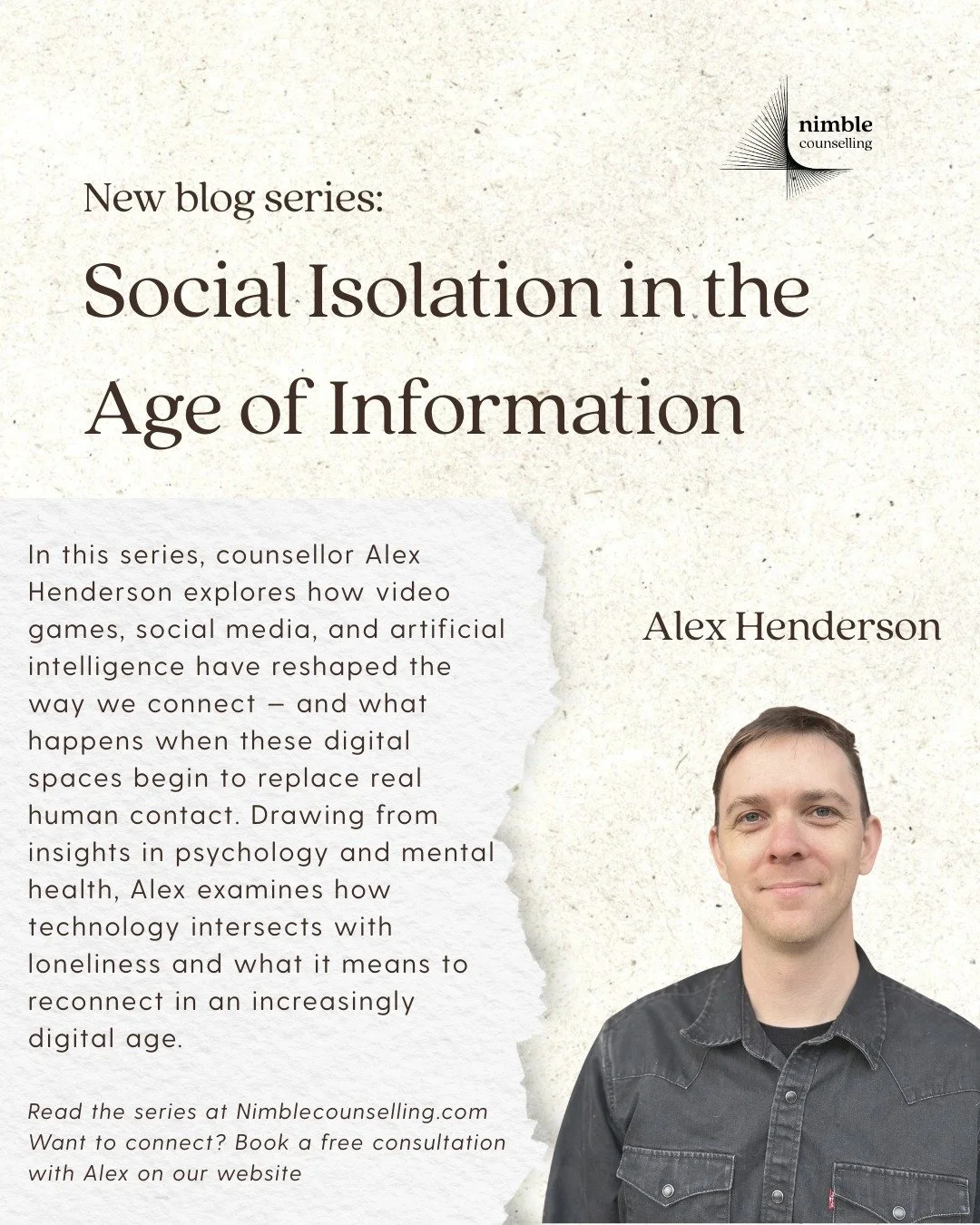What happens when our digital lives start to replace real connection?

In his new blog series, counsellor Alex Henderson explores how social media, video games, and AI are reshaping the way we connect &mdash; and what that means for loneliness, belon