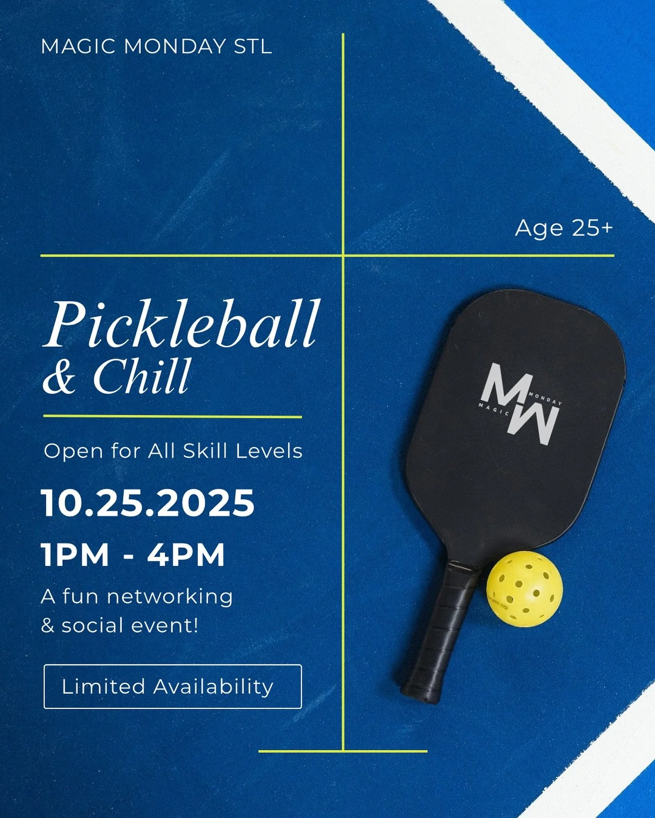 🎾✨ Pickleball + Chill ✨🎾

A Magic Monday Exclusive!

We&rsquo;re taking the vibes outside for a little sport, a little style, and a lot of chill.
🎶 Music. 🥂 Drinks. 🥪 Lunch bags. 🏸 Good people only.

Saturday, Oct 25 | 1&ndash;4 PM | Kaufman Pa
