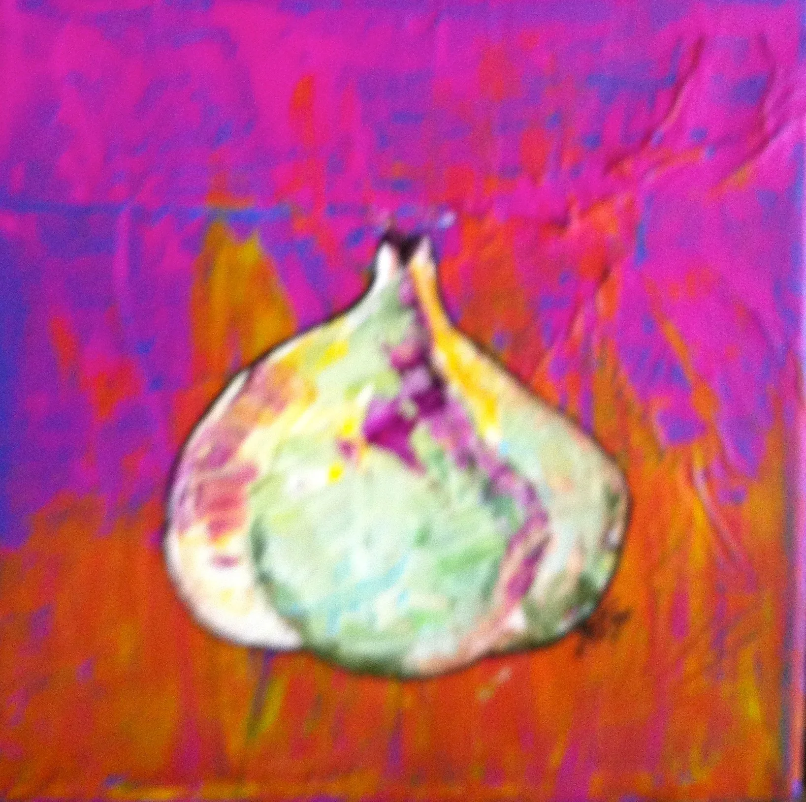 A painted onion on a colorful background with purple, orange, yellow, and pink hues.