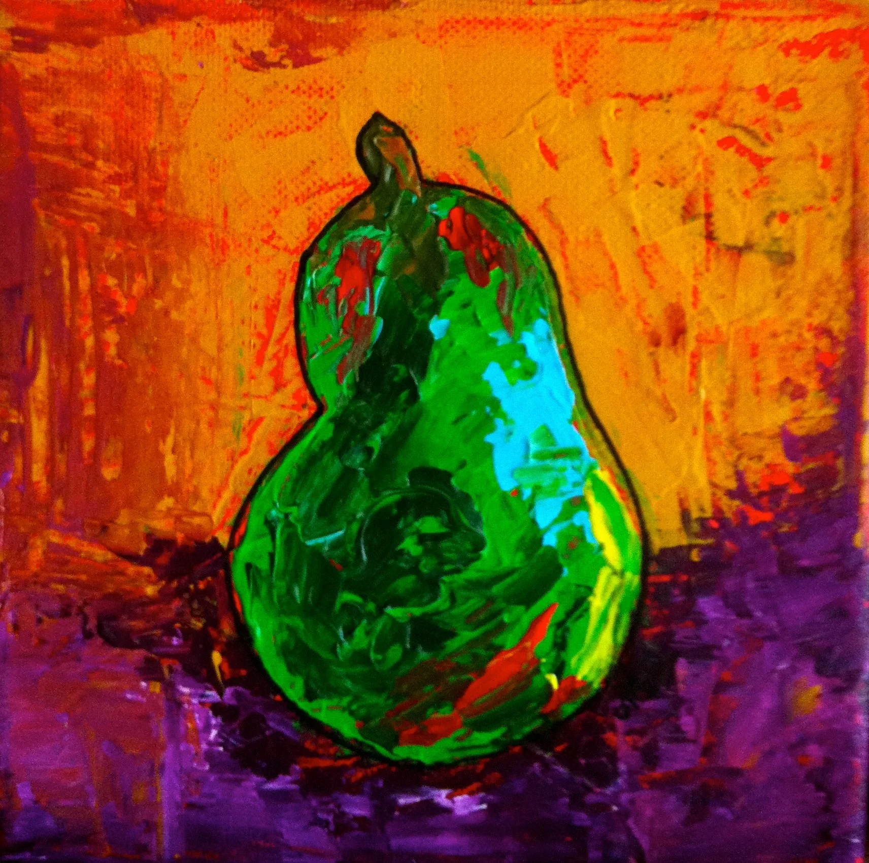 Colorful painting of a green pear against an orange and purple background.
