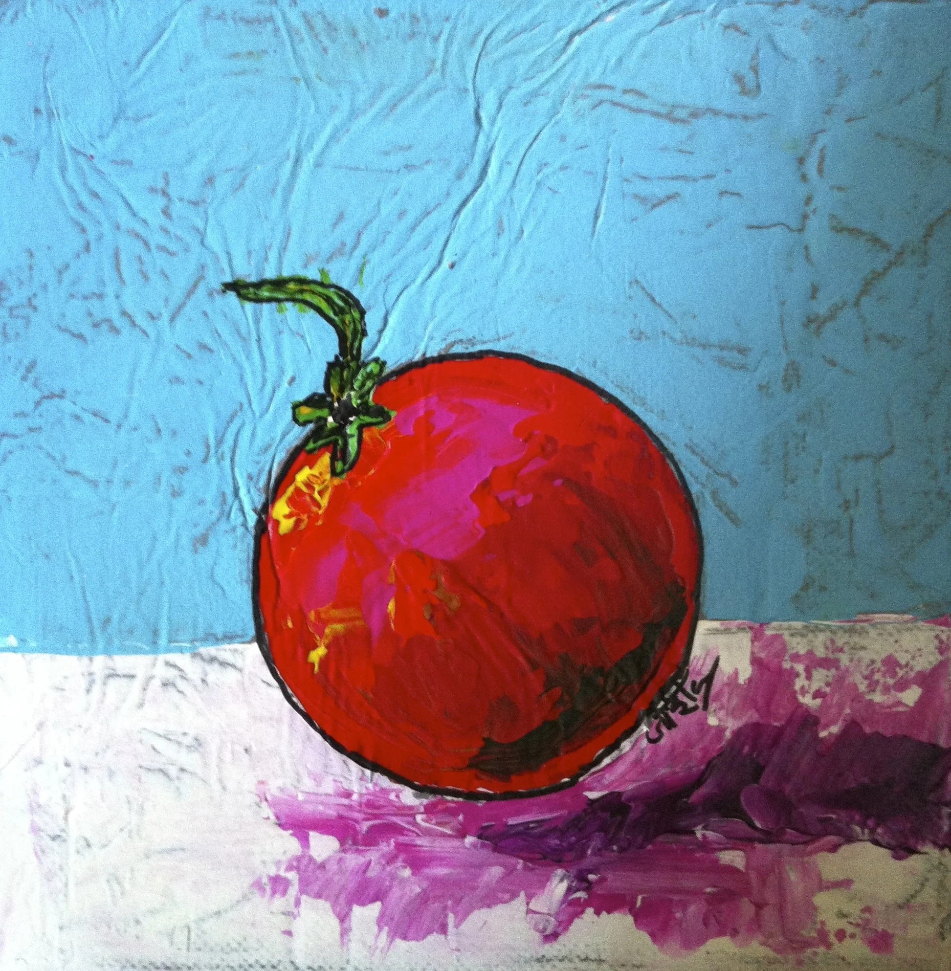 A colorful painting of a ripe tomatillo with a green stem on a textured pink and white surface, against a bright blue background.