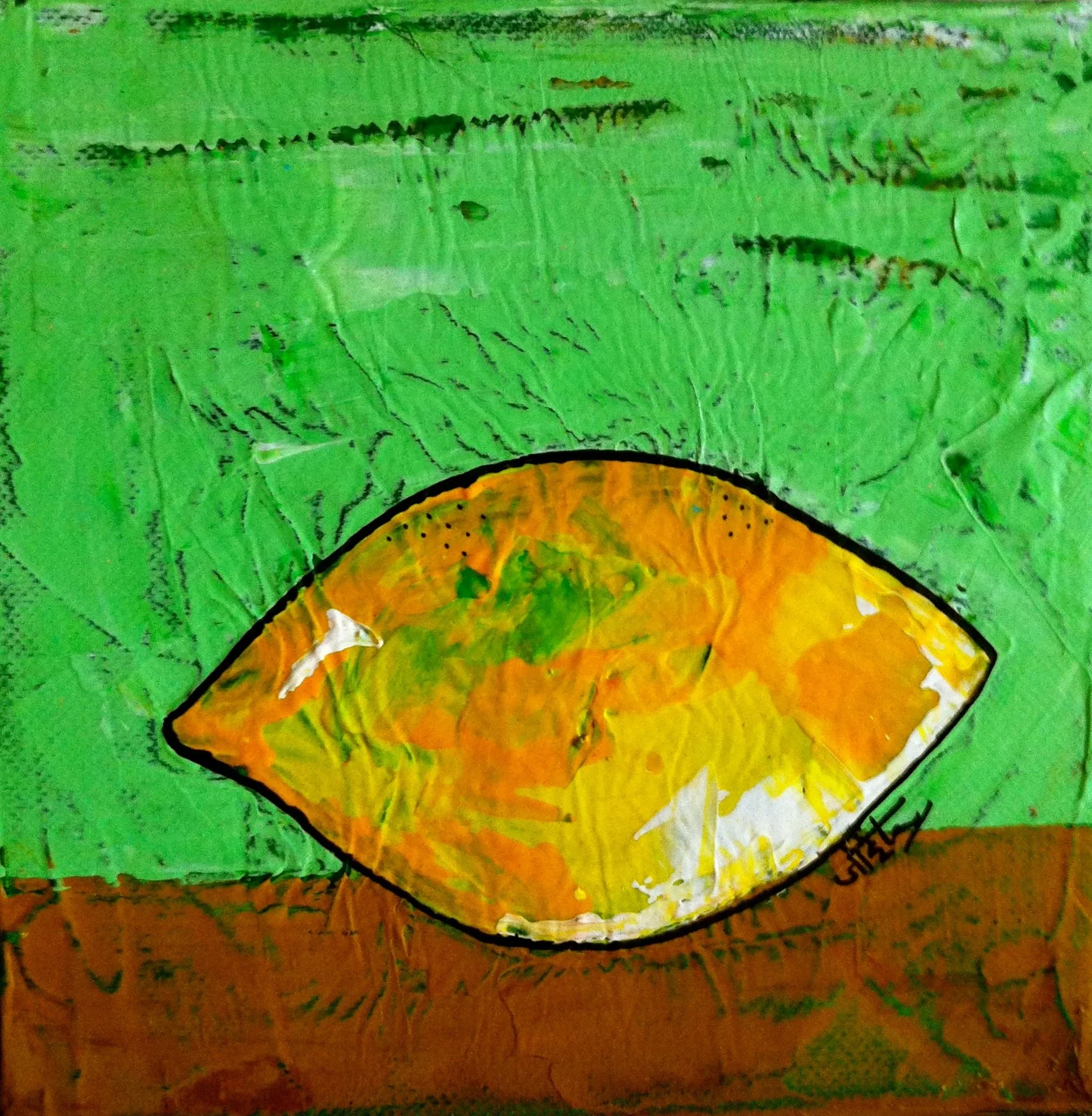 Colorful abstract painting of a lemon with green background and brown lower section.