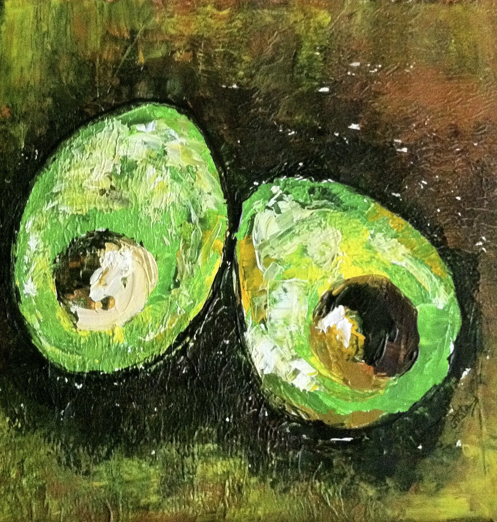 Abstract painting of two green avocados with brown pits on a textured brown and green background.