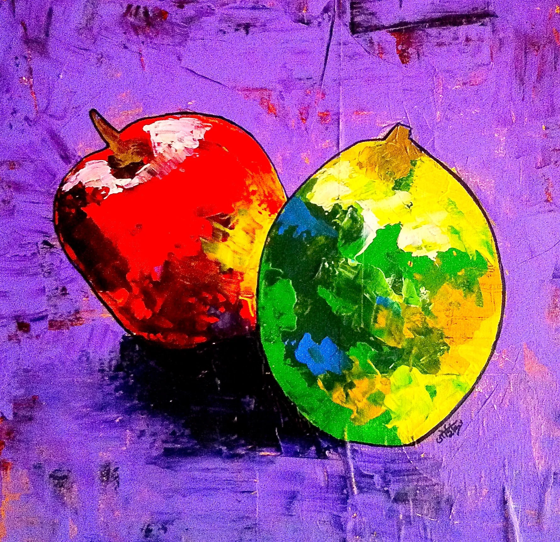 A colorful painting of an apple and a lemon against a purple background.