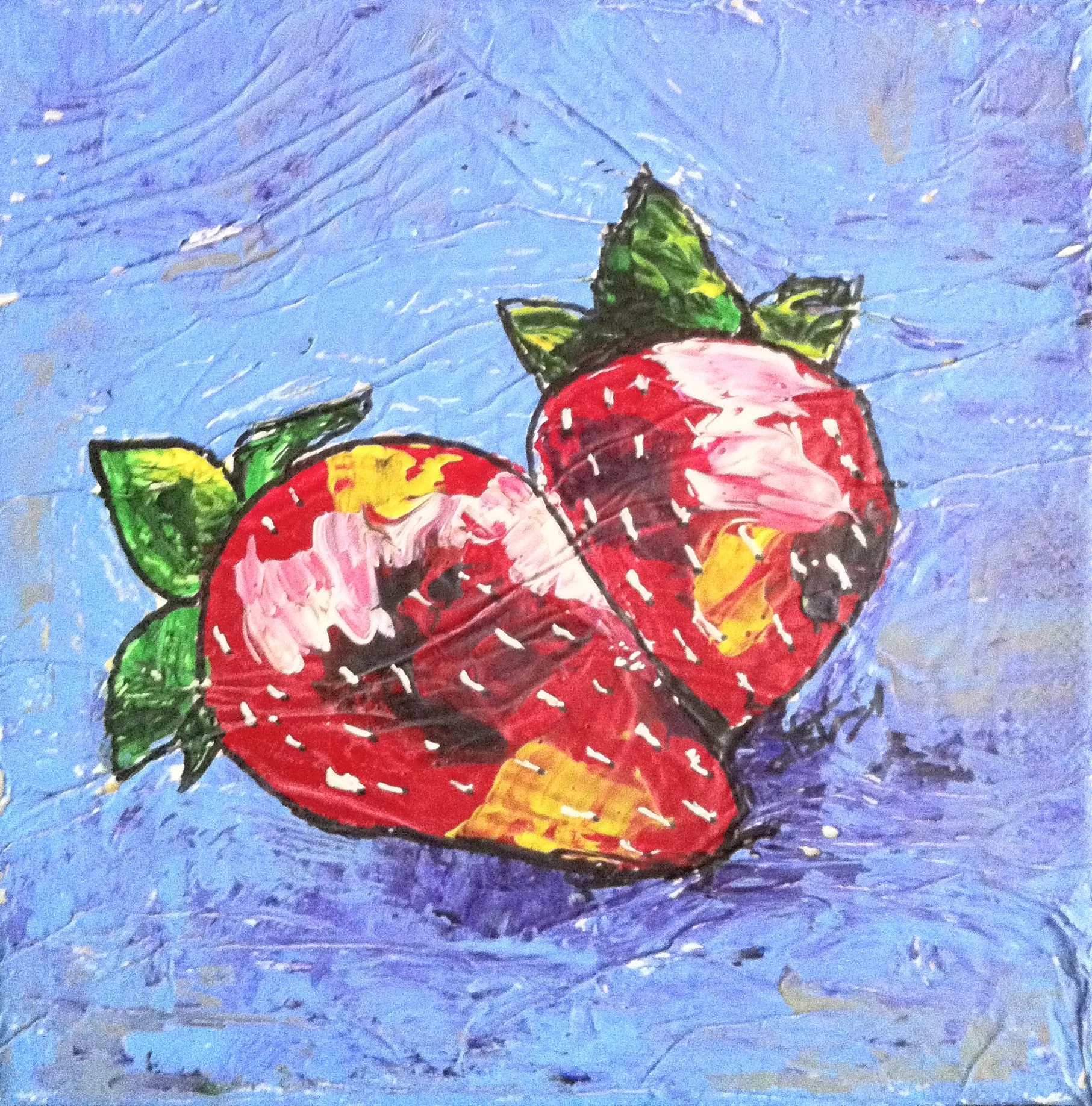 A colorful painting of two strawberries with green leaves against a textured blue background.
