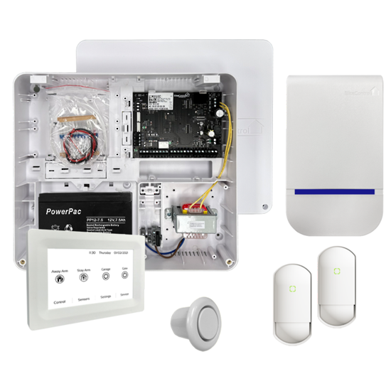 An open security alarm system control panel with internal wiring, circuit boards, and a power supply, along with two door/window sensors, a motion detector, and a siren or chime unit. Volt Solutions electrician will install this.