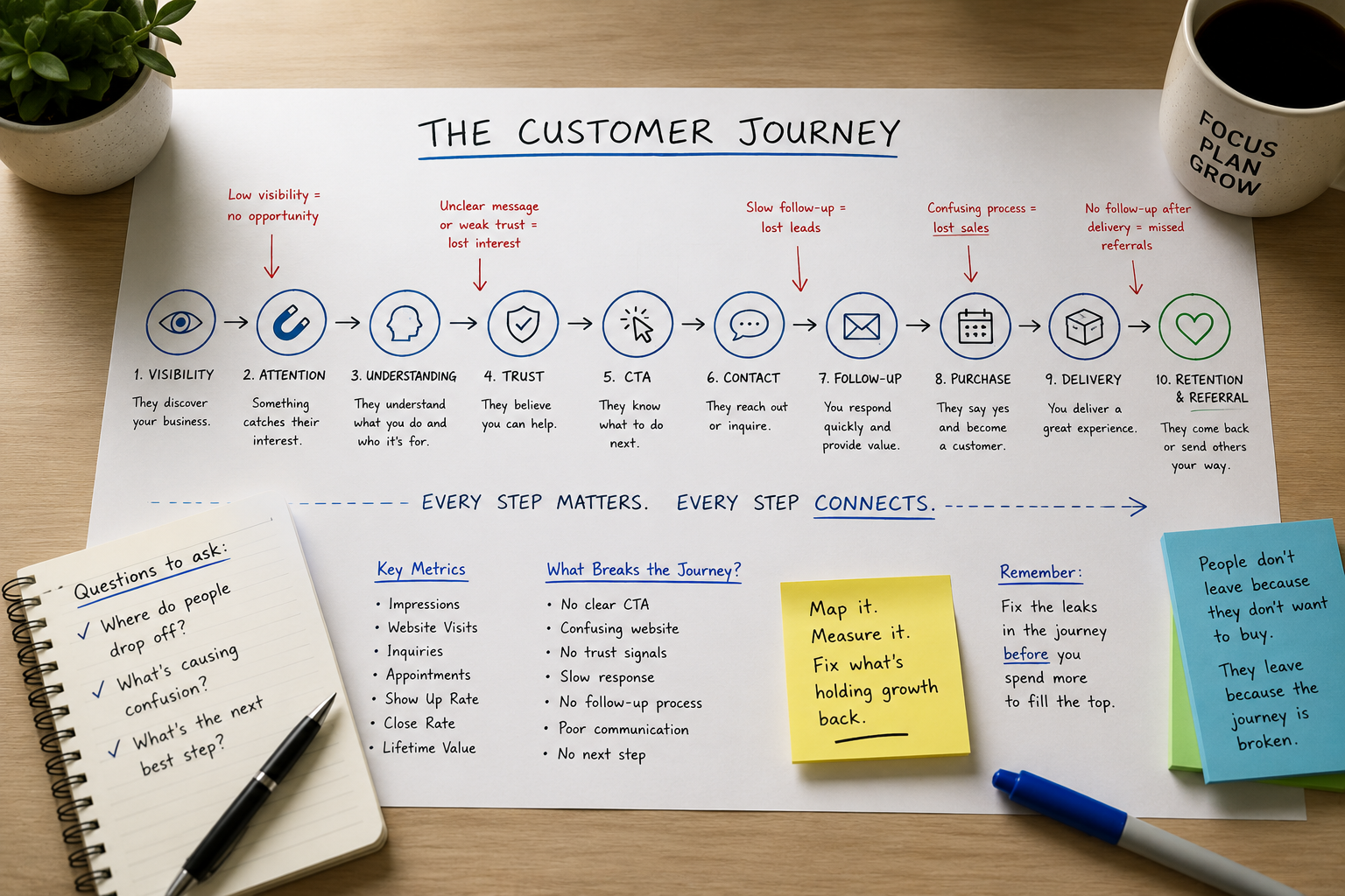 Top-down customer journey map showing visibility, attention, trust, calls to action, follow-up, purchase, delivery, and referrals.