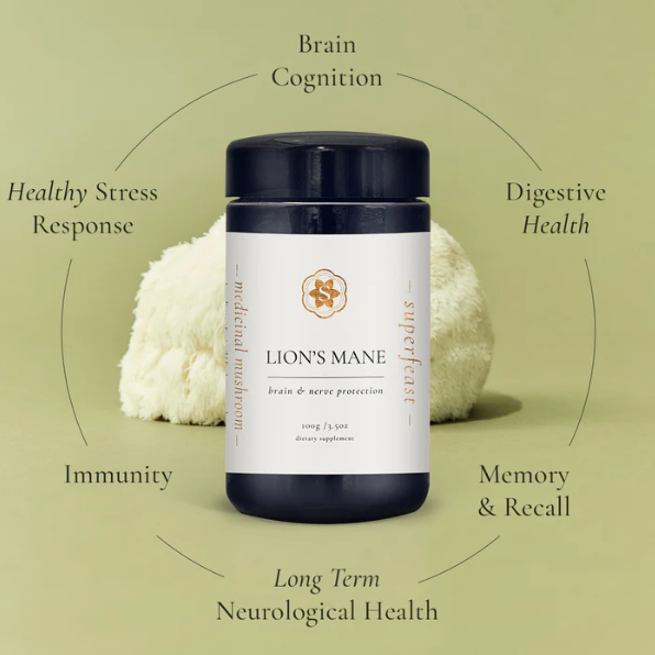 black canister with white and gold label, words LION'S MANE on the front. Listing the health benefits around it
