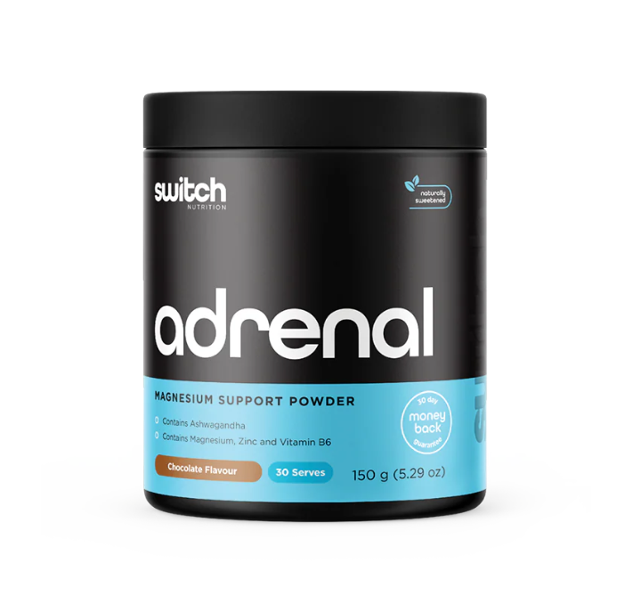 Black and blue canister with the word ADRENAL on the front