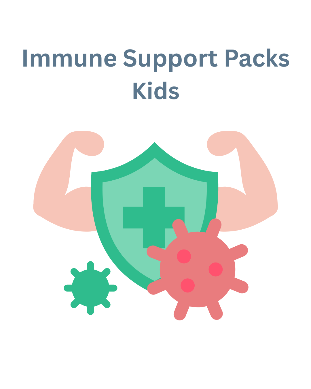 Cartoon pic of muscles stemming from a healthy immune system, with pic of virus underneath