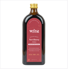 Tall brown bottle with a cherry coloured label.  Filled with 100% tart cherry juice. Not from concentrate, nothing added