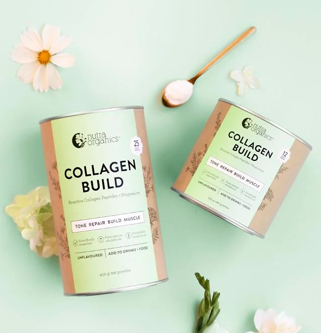 Two green canisters on a pink background with name COLLAGEN BUILD
