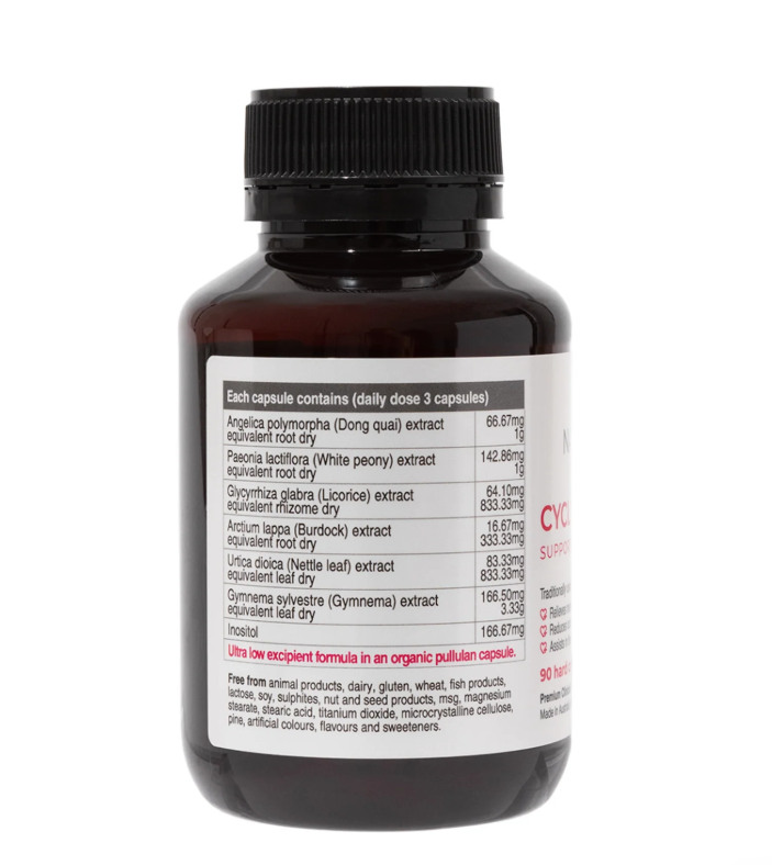 Brown medicla bottle with white and pink nutritional information label