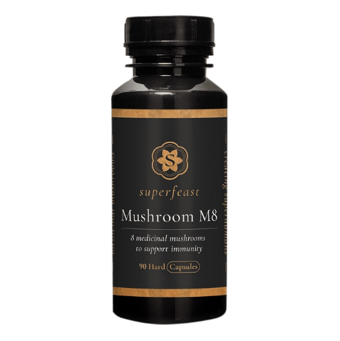 black and gold tirm canister with MUSHROOM M8 written on the front