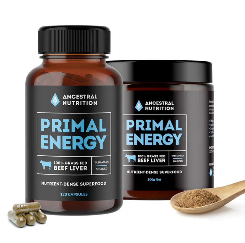 two brown medicla bottle with black and blue labels reading PRIMAL ENERGY
