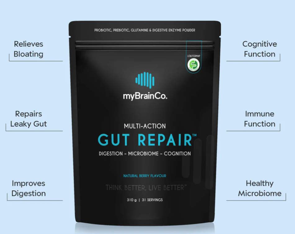 blue background showing black pouch with label GUT REPAIR