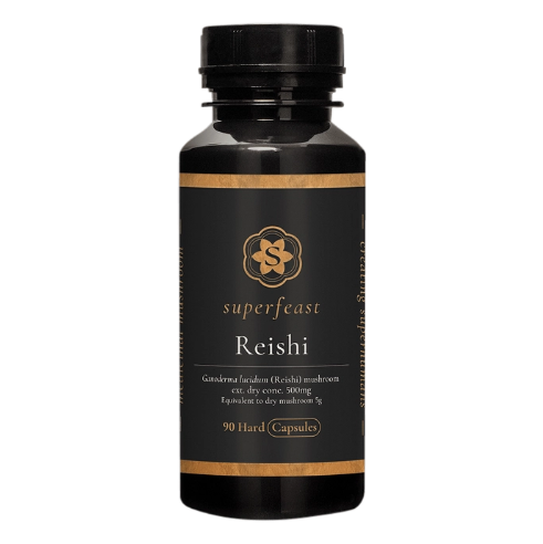black and gold trimmed bottle with REISHI on the front