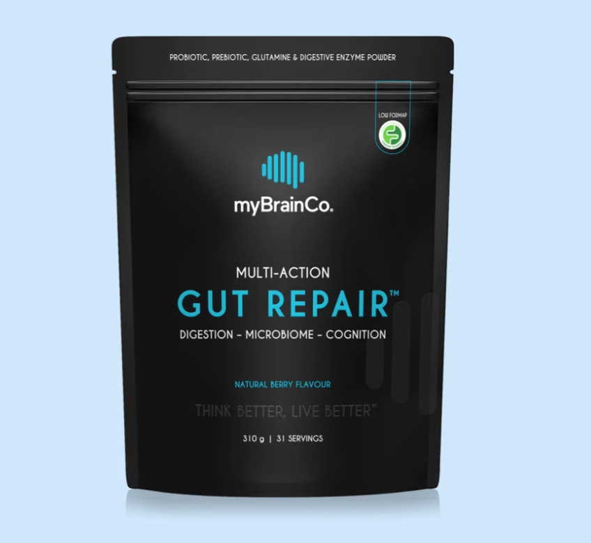 blue background showing black pouch with label GUT REPAIR