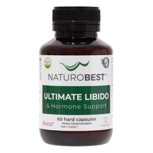 Brown bottle with white and green label ULTIMATE LIBIDO