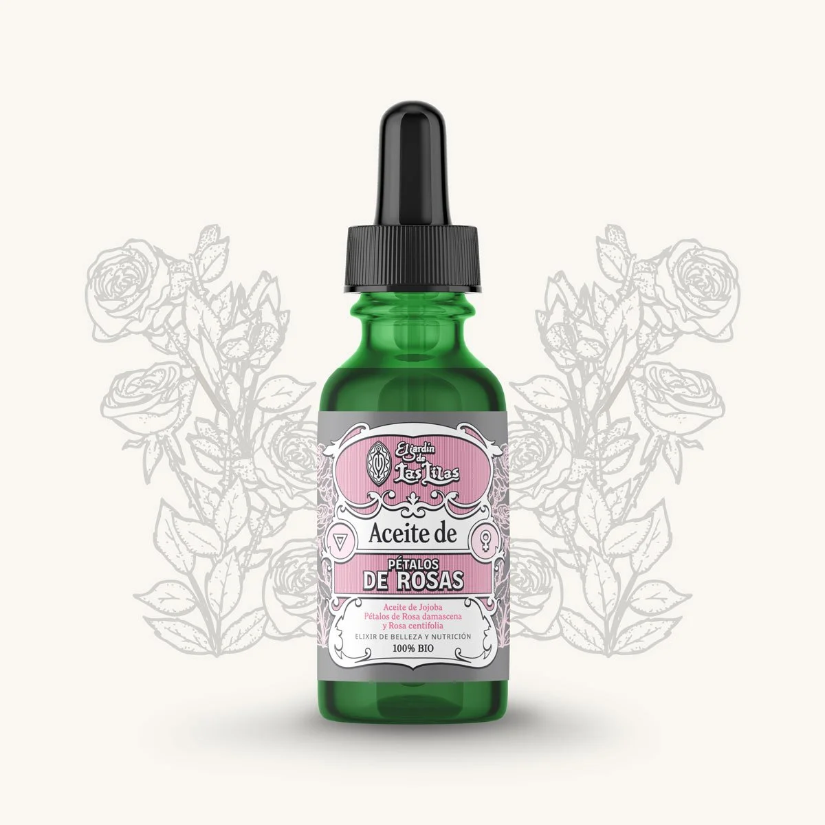 Botella de oleomacerado de pétalos de rosa en aceite de jojoba bio, cuidado natural para la piel delante