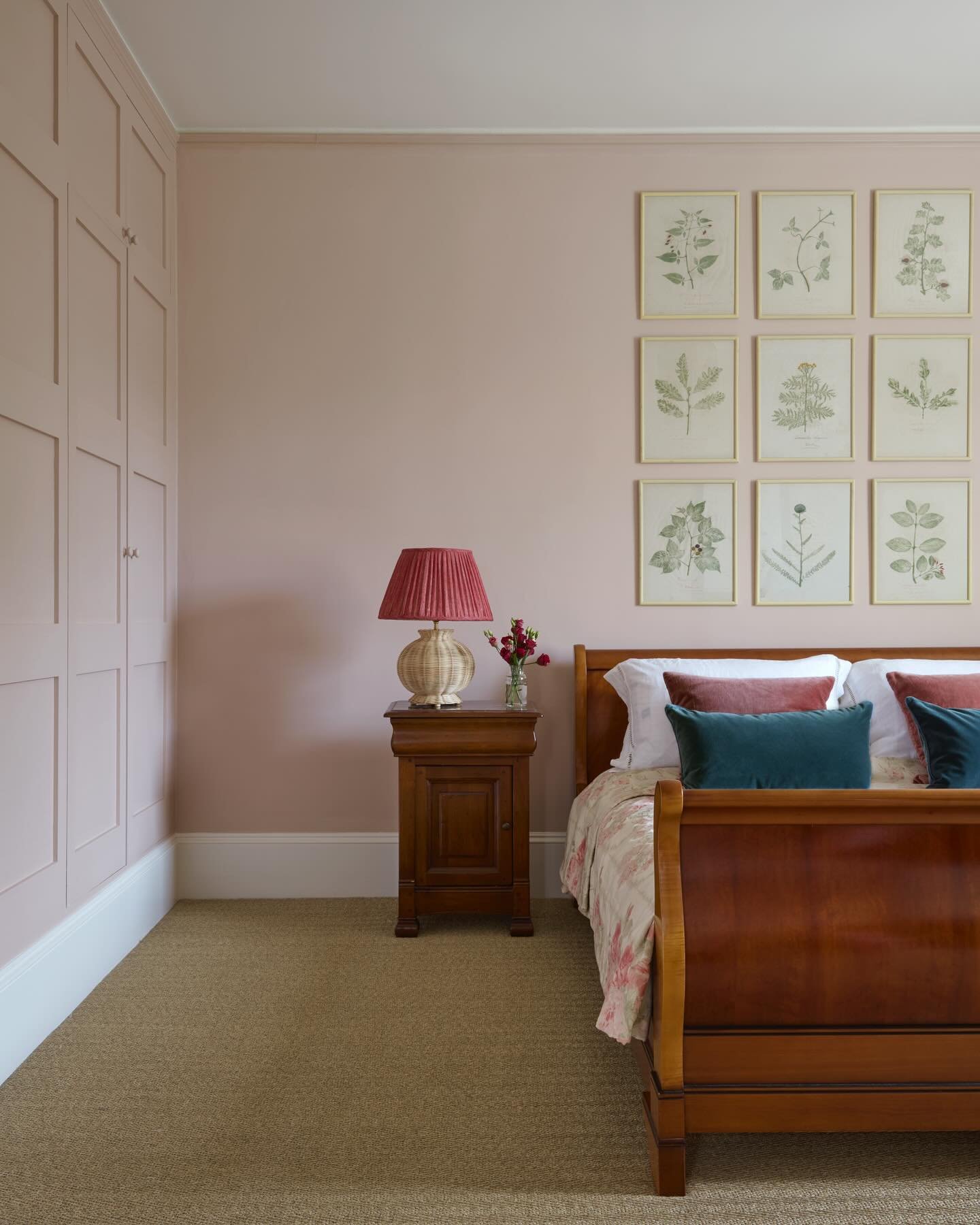A pretty light pink bedroom in a Hampstead project I completed a fair few years ago now. 

I love to add art wherever possible, and for this room I sourced a sweet set of botanicals from @etalageuk to sit above the clients own sleigh bed. 

You can j