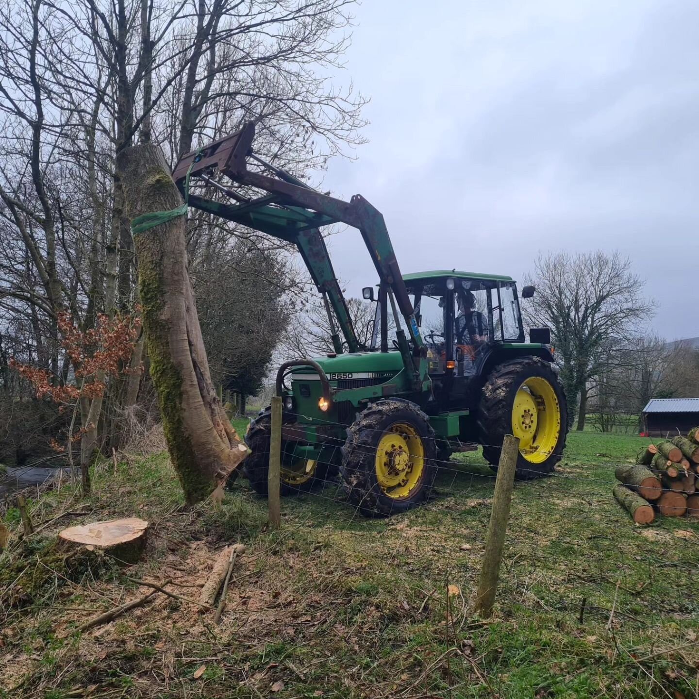 Tractor out earning its keep. More ADB felling in Hope. #treework #treefelling #arboricultural #arborist #tractor #johndeere #hopevalley #peakdistrict #hope