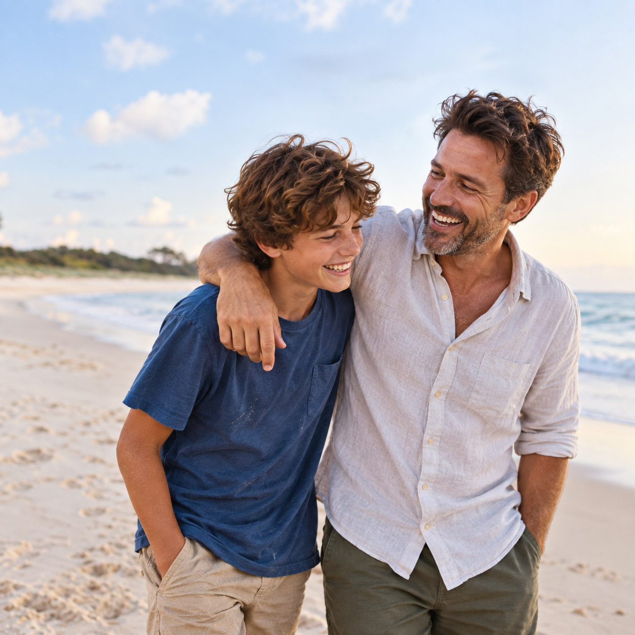 Dad and his son having fun and smiling at the beach