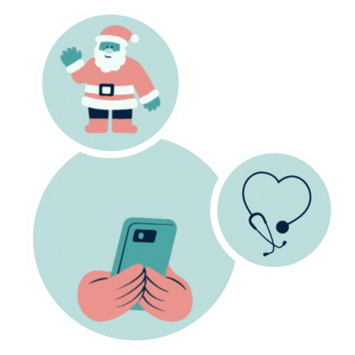 Illustration von Santa Claus, jemand, der ein Smartphone hält, und ein Headset, verbunden durch Linien.