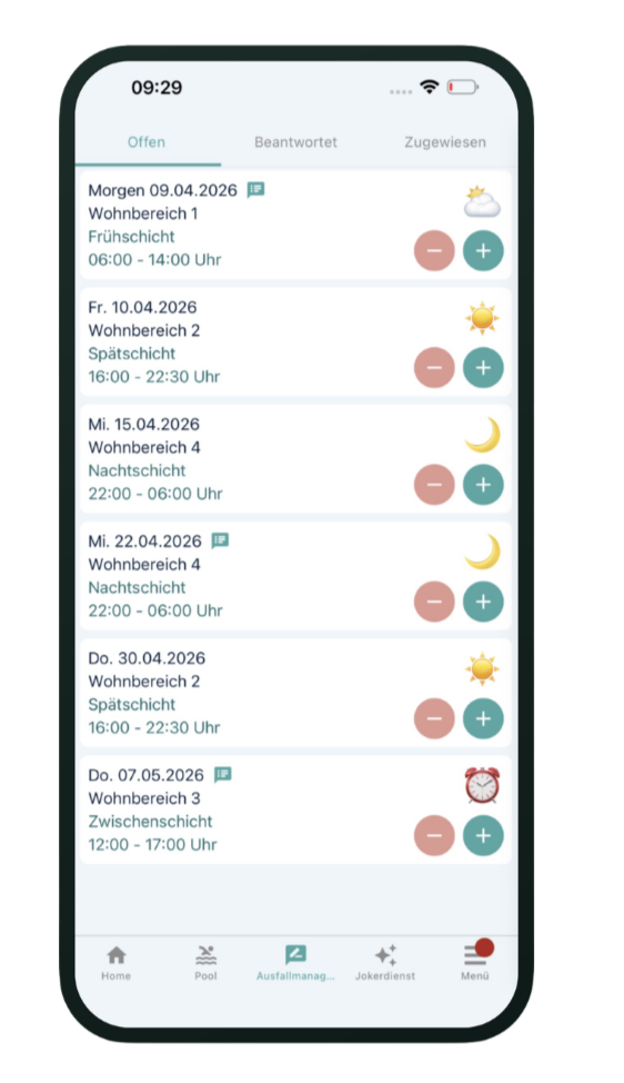Bildschirm eines Smartphone-Apps zur Verwaltung von Schichten, mit Einträgen für verschiedene Tage, Wohnbereiche, Schichtarten und Uhrzeiten, inklusive Tageszeiten-Symbole.