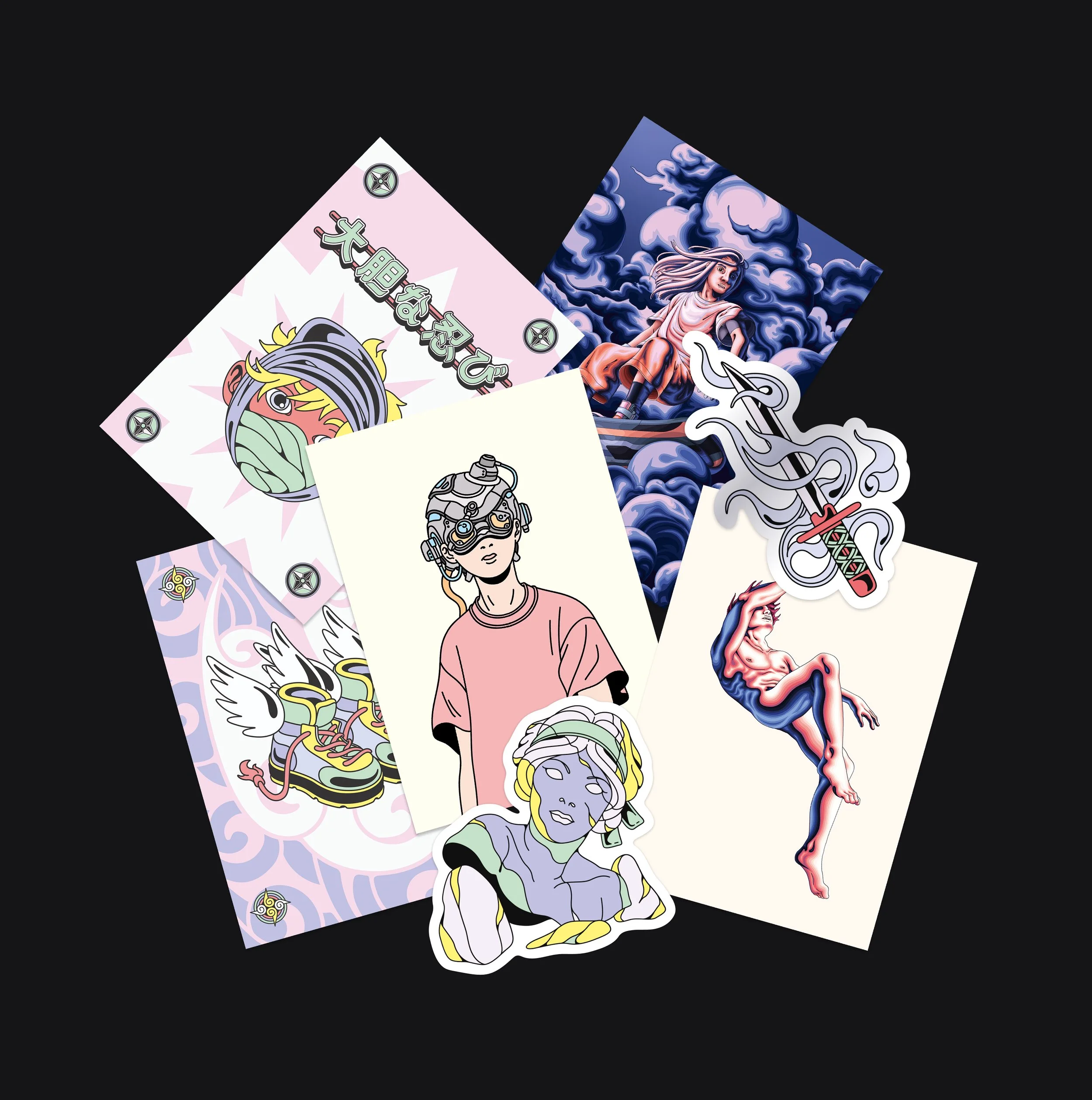 Présentation des cartes postales et stickers de la boutique en ligne de Cassandra Mattiocco.