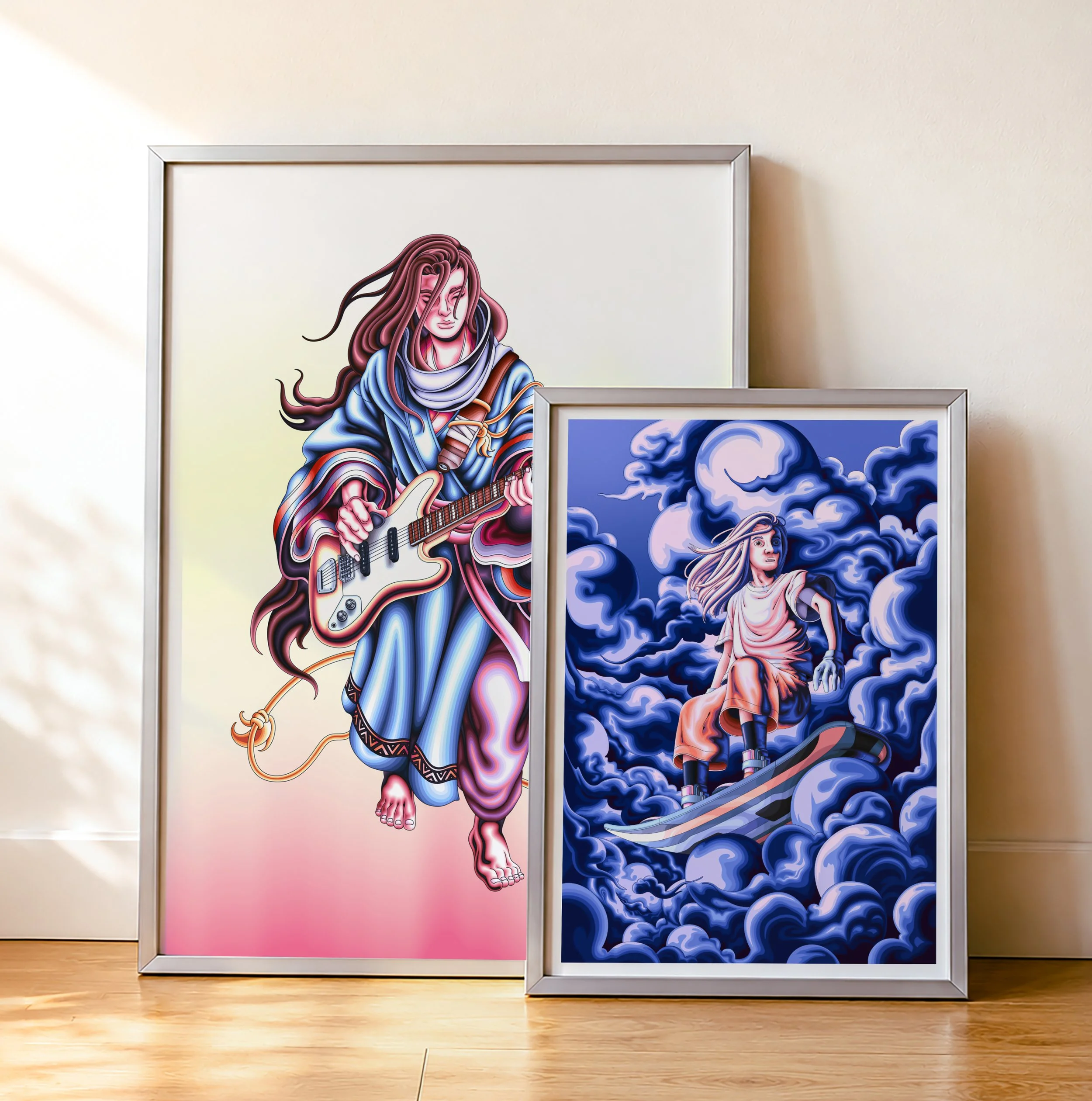 Présentation des affiches de la boutique de Cassandra Mattiocco avec les illustrations Neo Ballad et Surf the cloud III.
