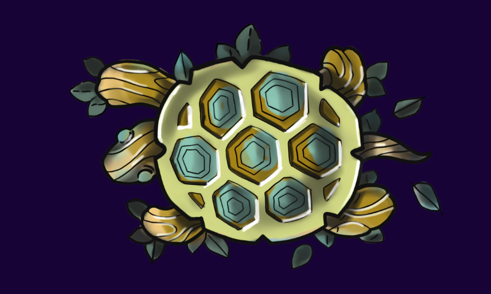 Illustration of a turtle with a shell made of hexagonal patterns and surrounded by leaves.